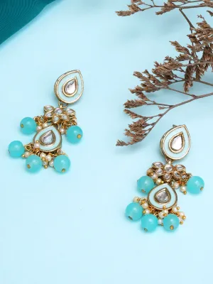 Karatcart Gold Plated Light Blue Meena Kundan Drop Earrings for Women