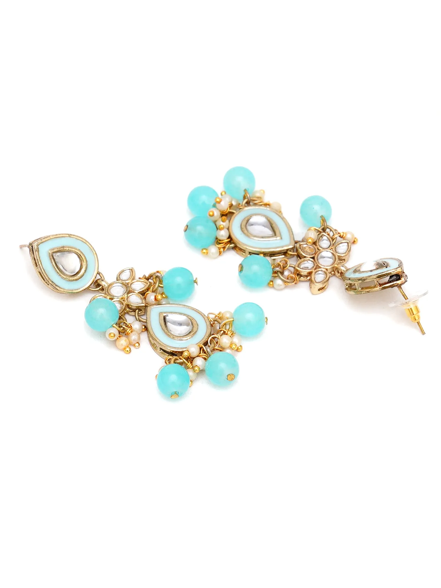 Karatcart Gold Plated Light Blue Meena Kundan Drop Earrings for Women