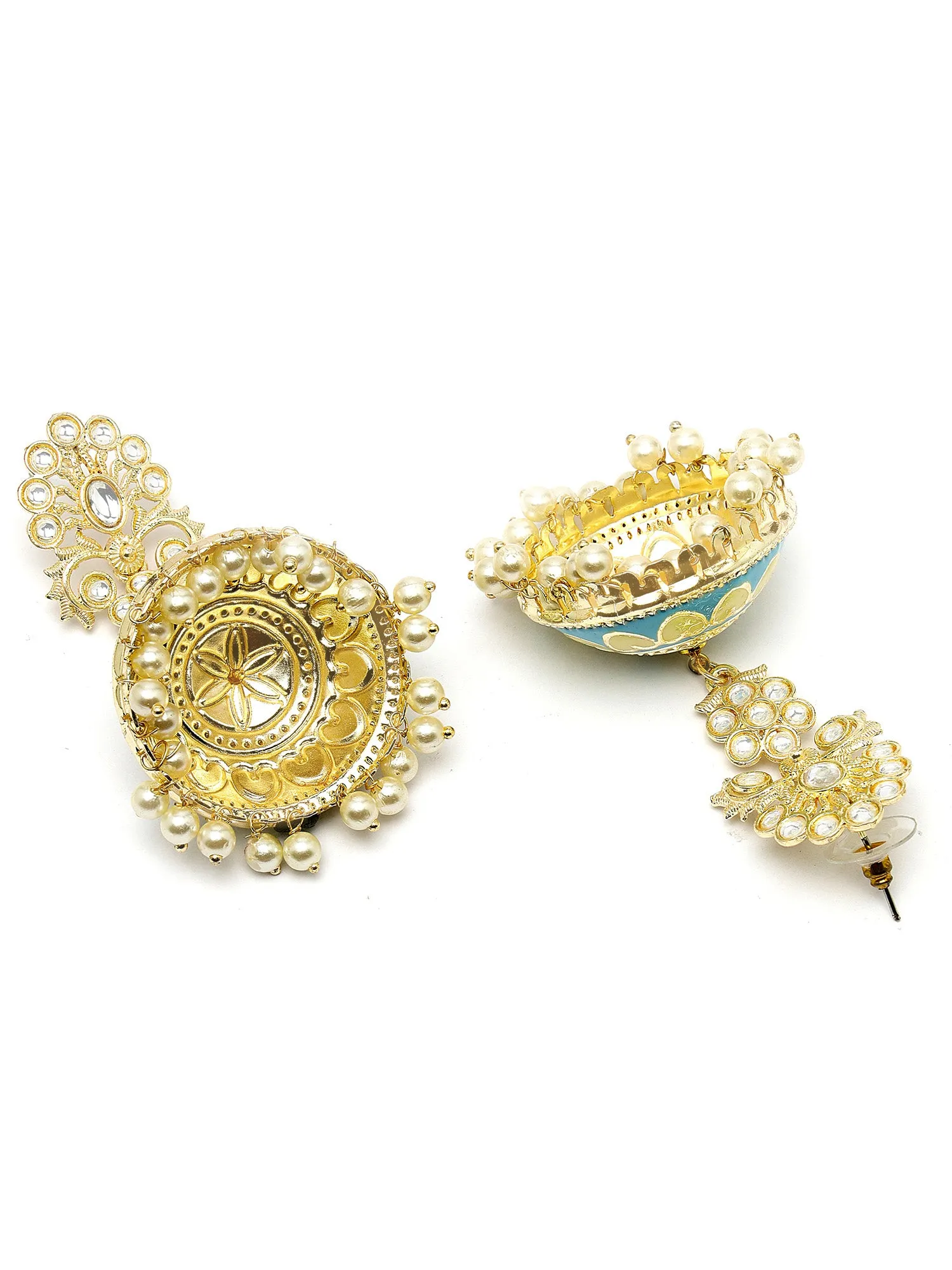 Karatcart Gold Plated Light Blue Meena Kundan Flat Jhumki Earrings for Women