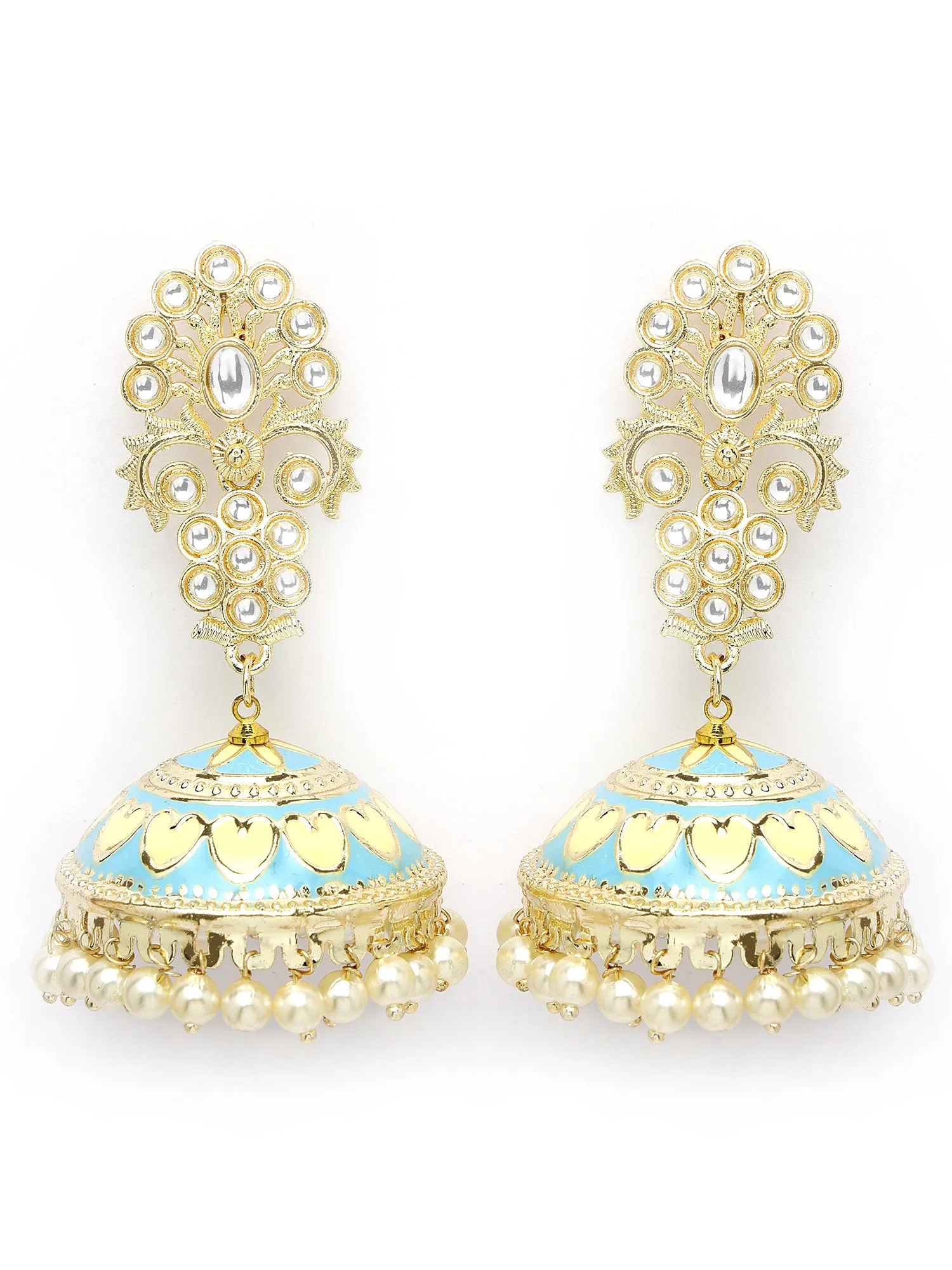 Karatcart Gold Plated Light Blue Meena Kundan Flat Jhumki Earrings for Women