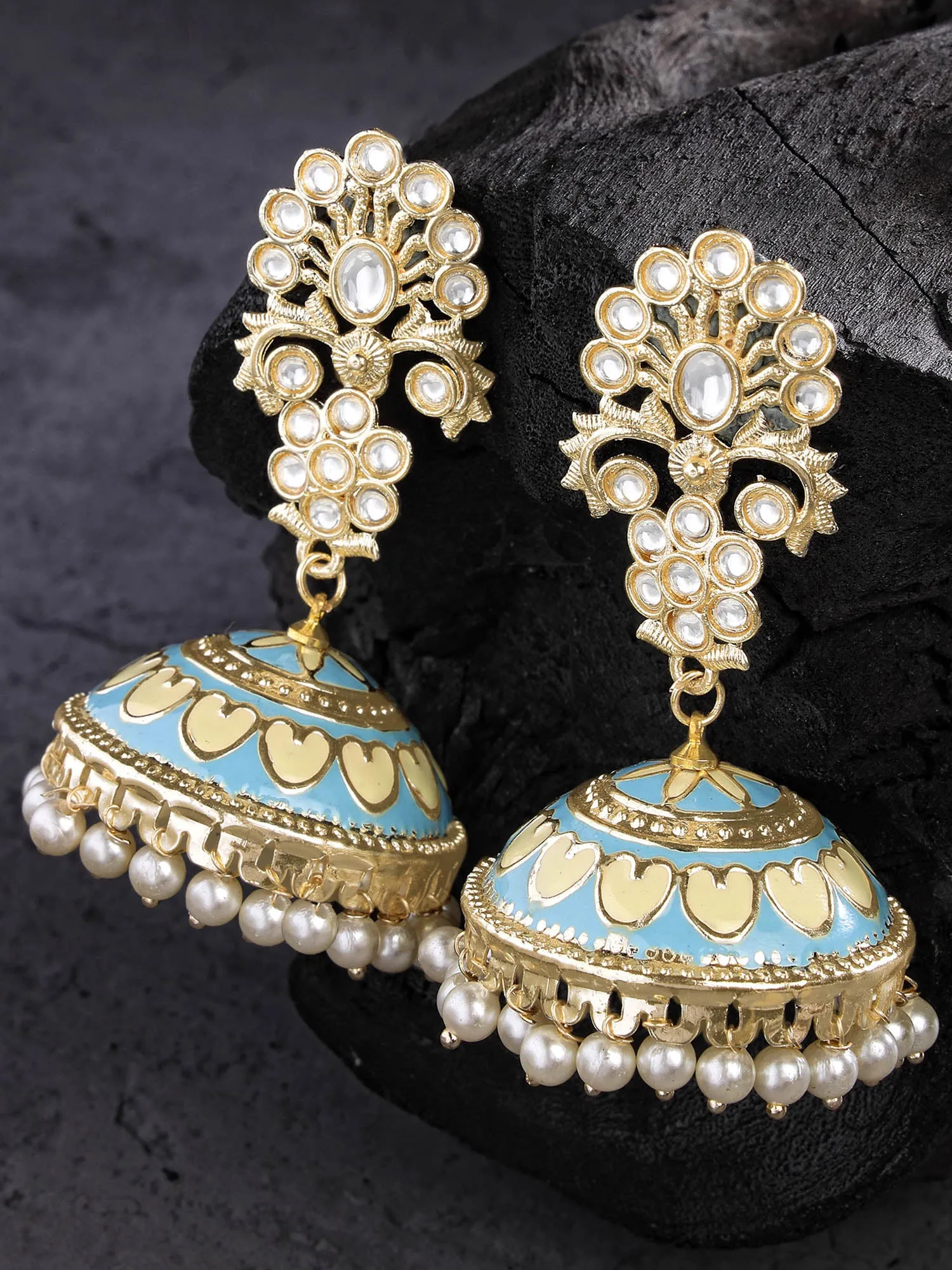 Karatcart Gold Plated Light Blue Meena Kundan Flat Jhumki Earrings for Women