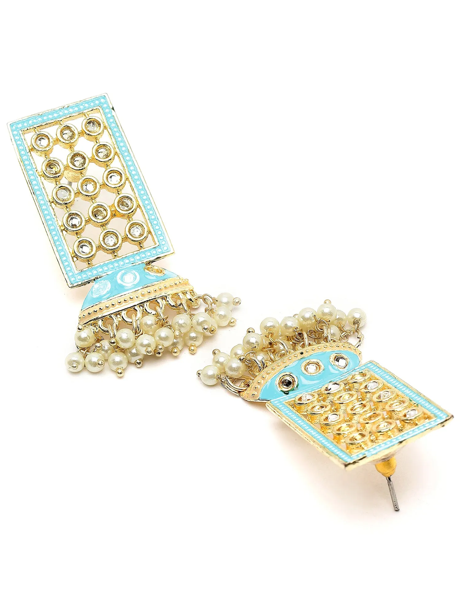 Karatcart Gold Plated Light Blue Meena Pearl Kundan Drop Earrings for Women