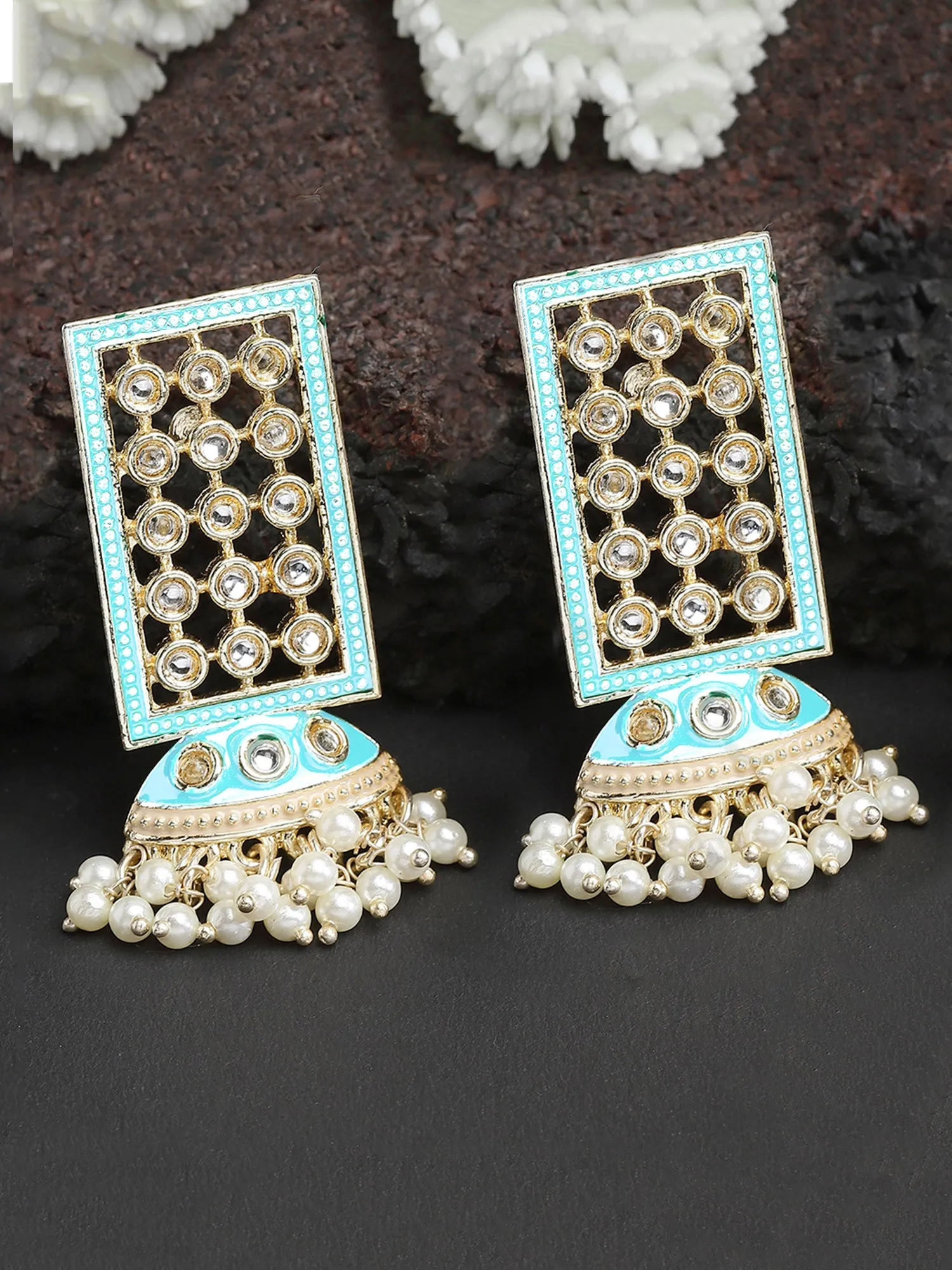 Karatcart Gold Plated Light Blue Meena Pearl Kundan Drop Earrings for Women