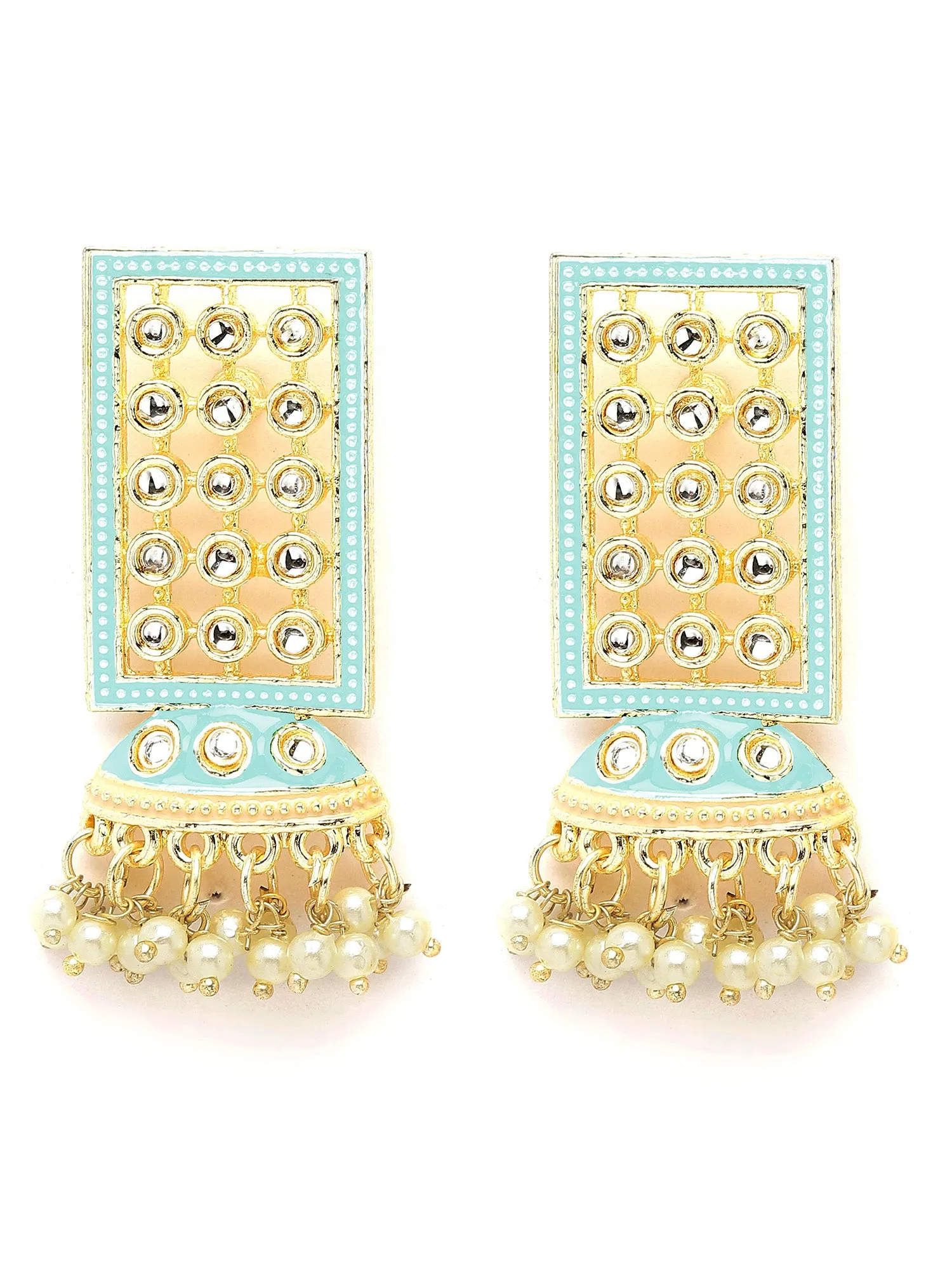 Karatcart Gold Plated Light Blue Meena Pearl Kundan Drop Earrings for Women