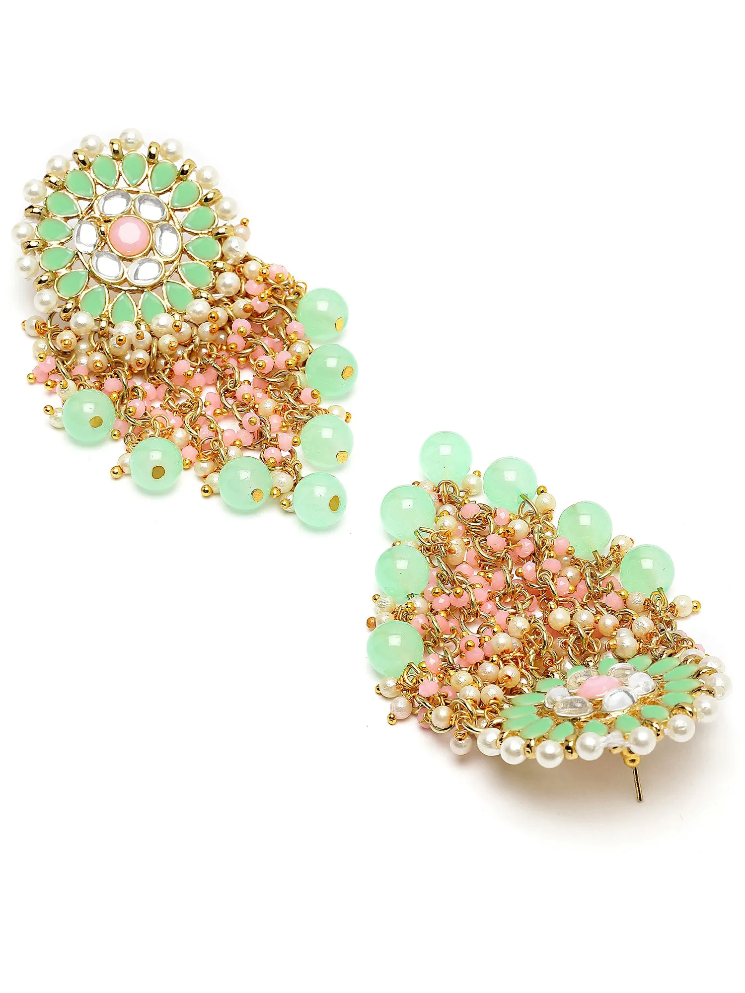 Karatcart Gold Plated Light Green and Pink Floral Design Kundan Drop Earring for Women