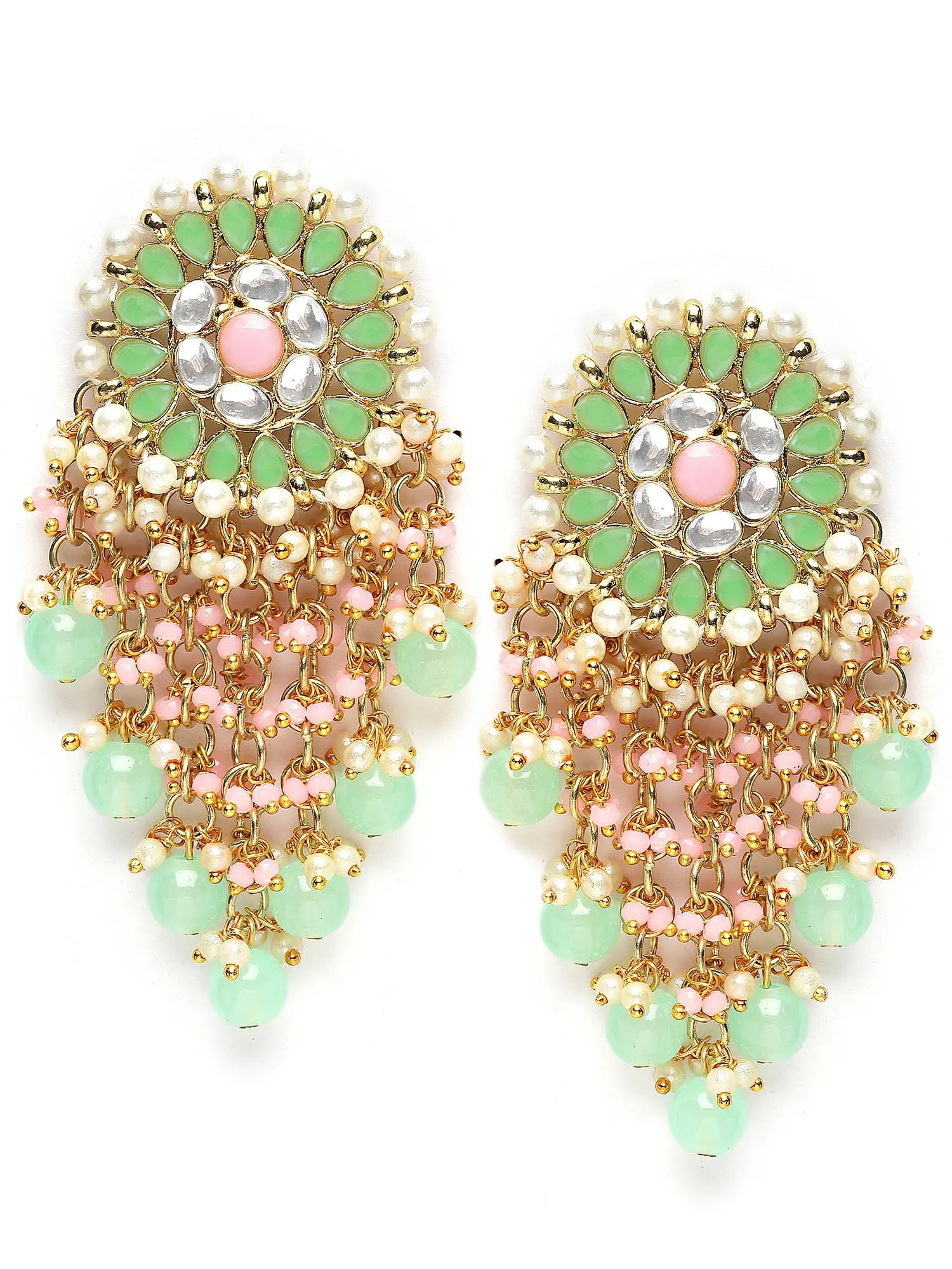 Karatcart Gold Plated Light Green and Pink Floral Design Kundan Drop Earring for Women