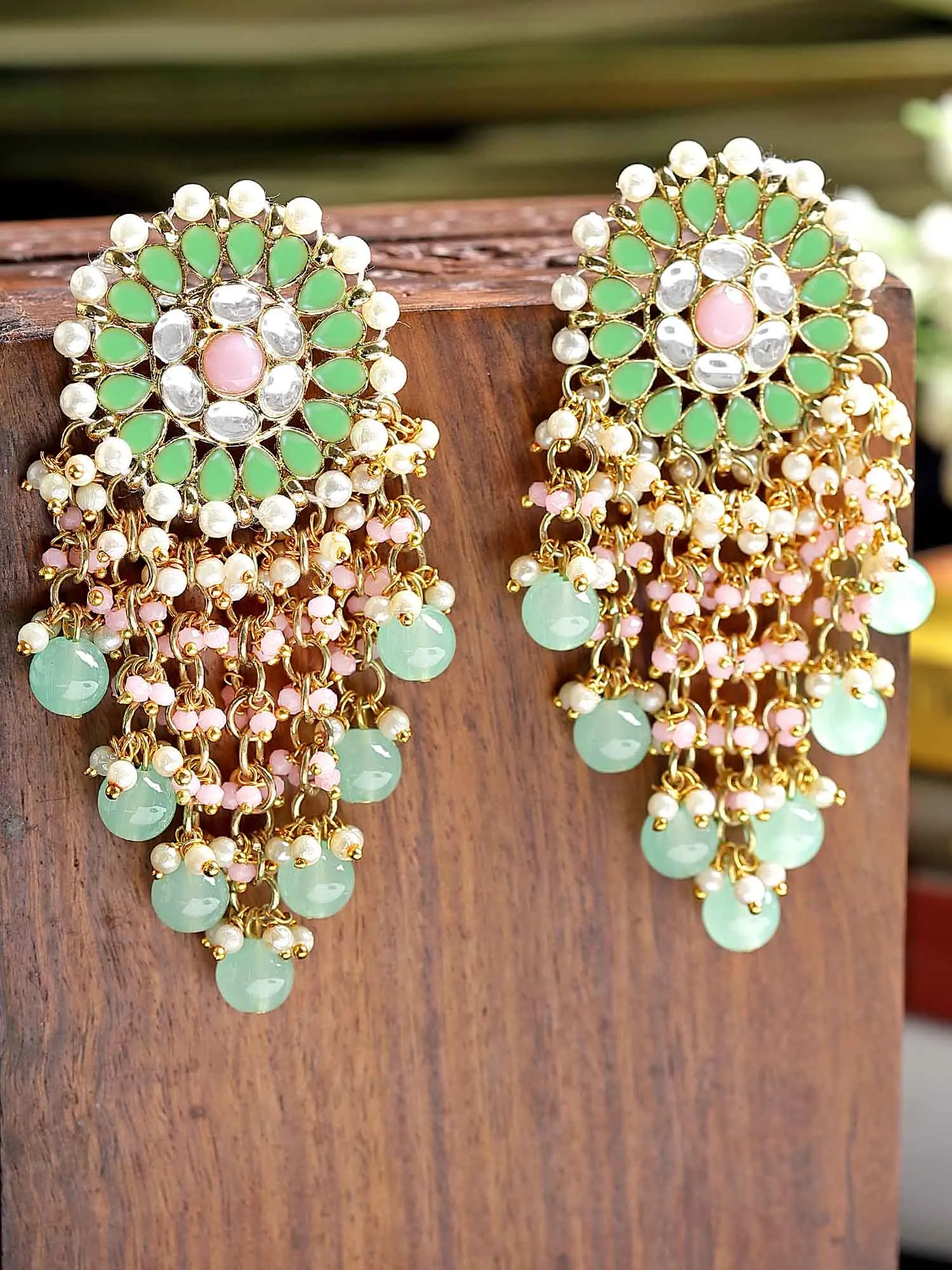 Karatcart Gold Plated Light Green and Pink Floral Design Kundan Drop Earring for Women