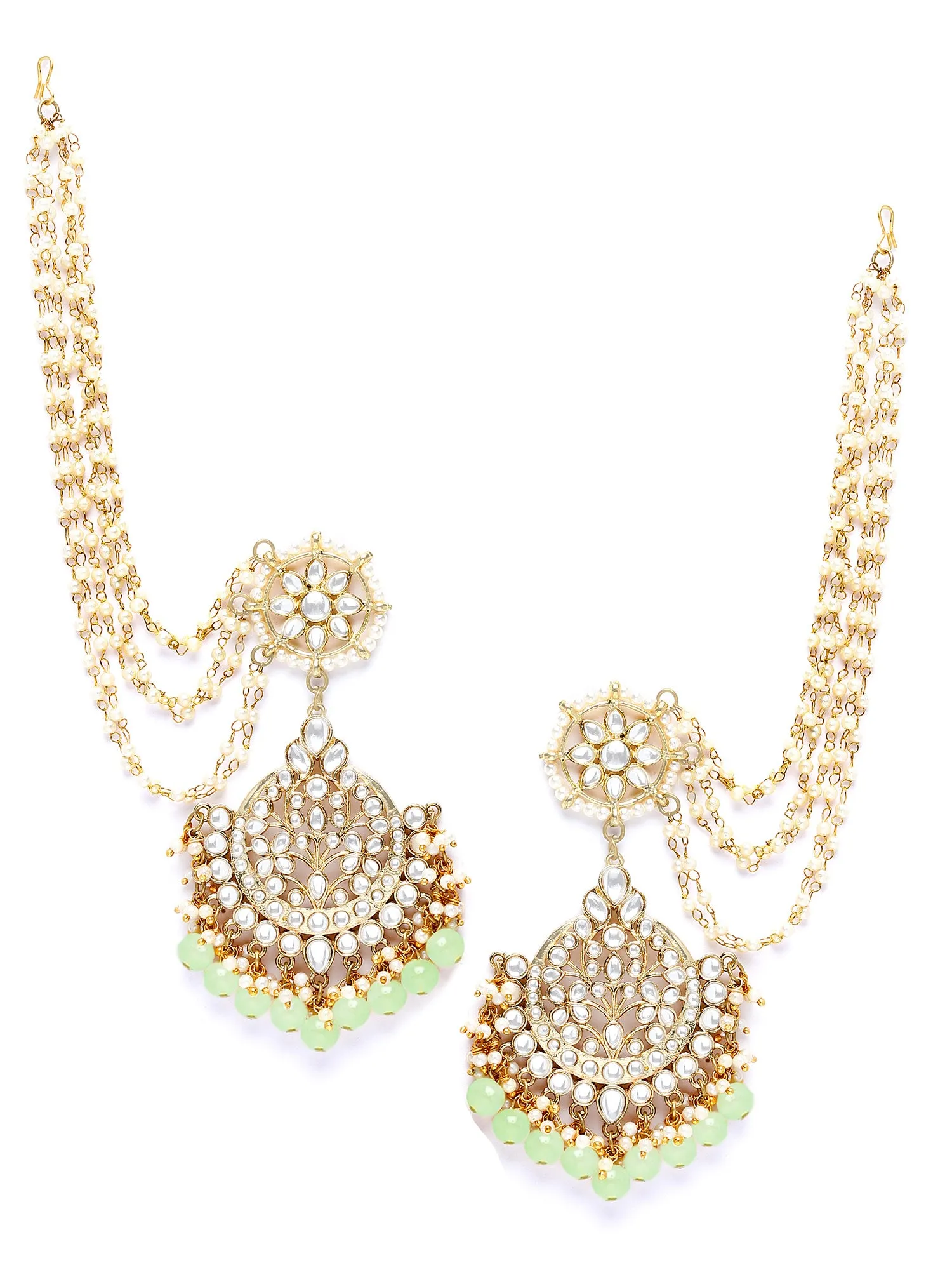 Karatcart Gold Plated Light Green Beads Kundan Kaanchain Earrings for Women