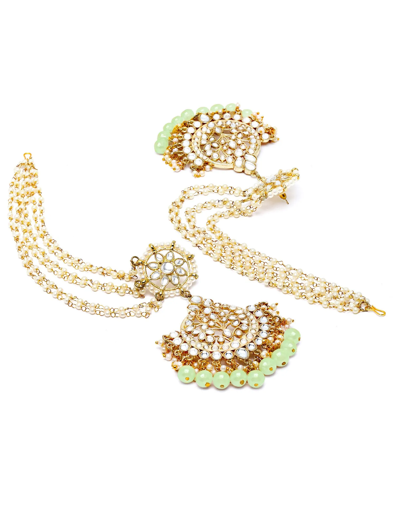 Karatcart Gold Plated Light Green Beads Kundan Kaanchain Earrings for Women