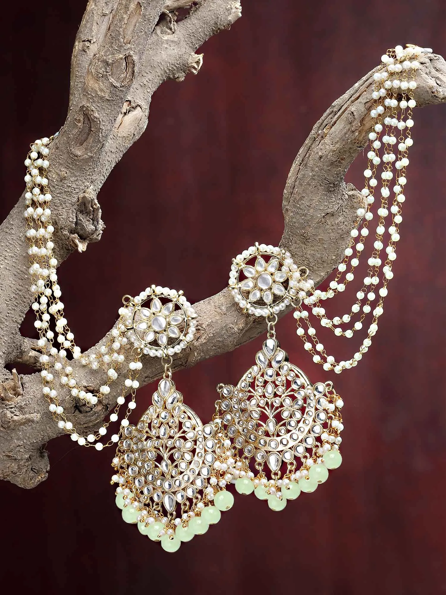 Karatcart Gold Plated Light Green Beads Kundan Kaanchain Earrings for Women