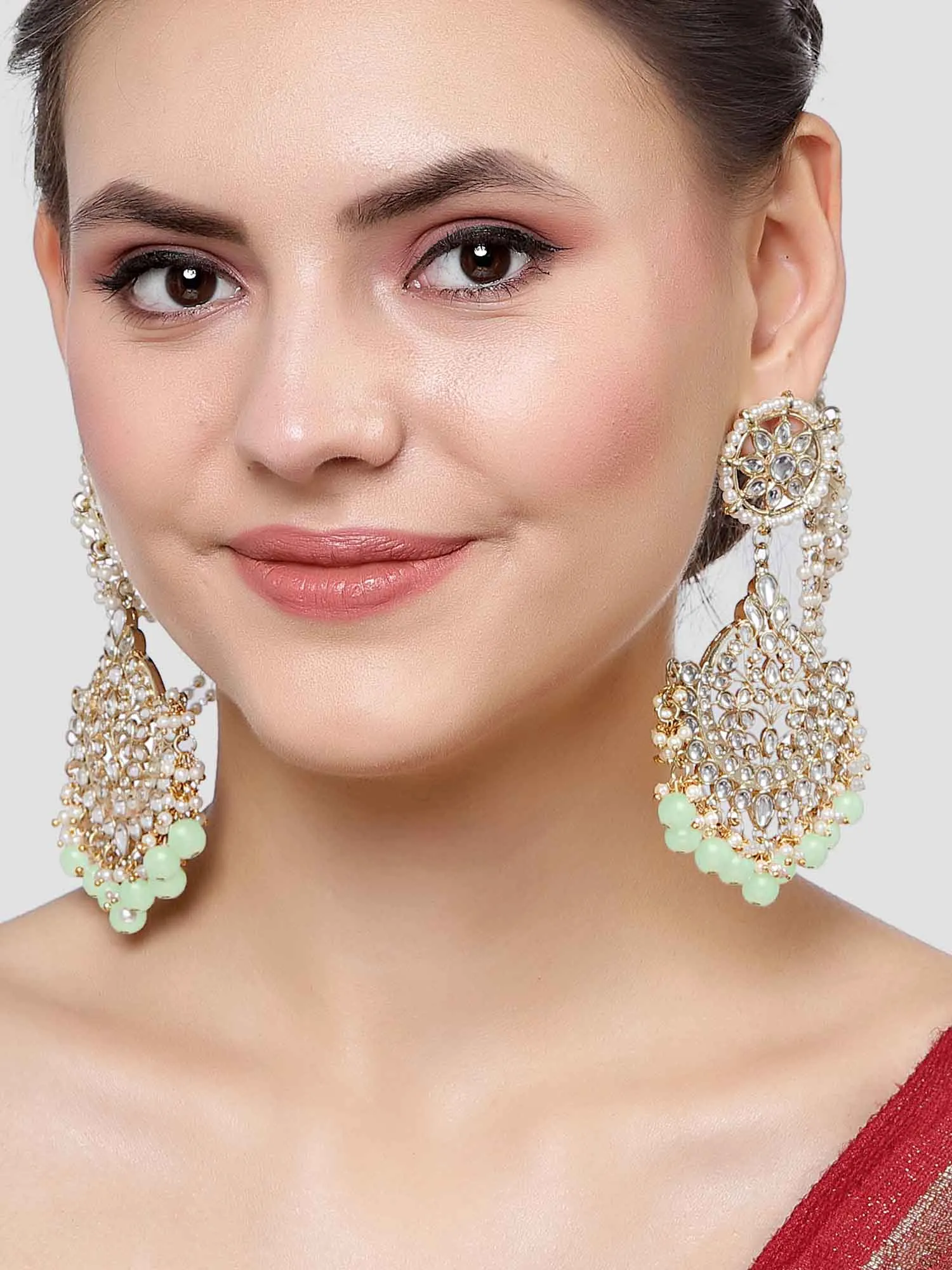 Karatcart Gold Plated Light Green Beads Kundan Kaanchain Earrings for Women