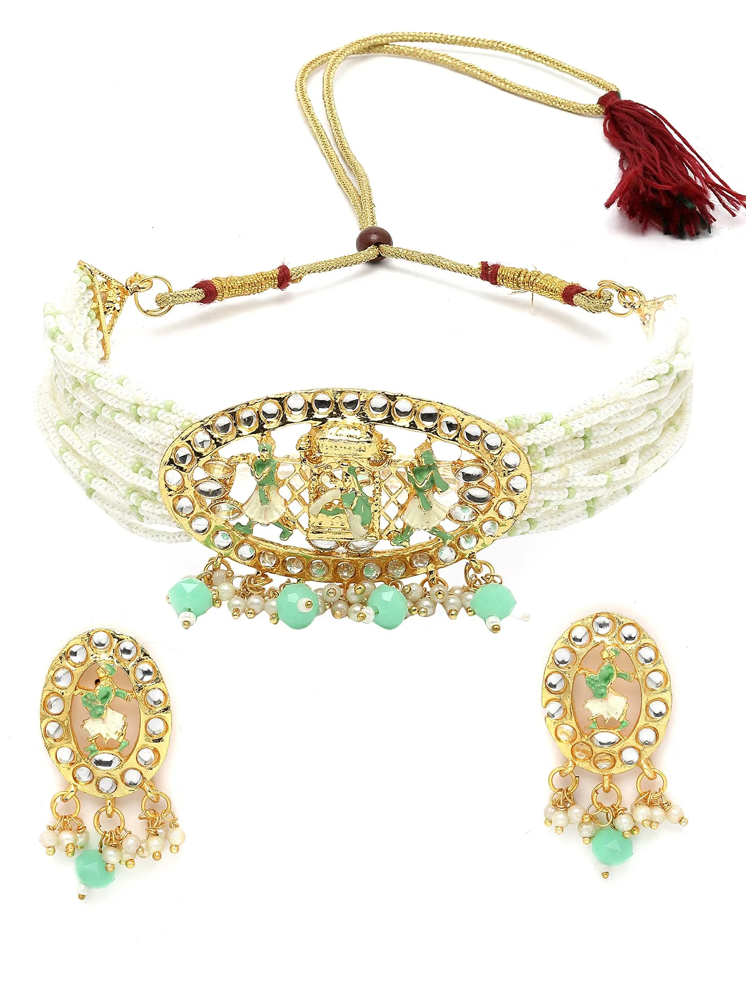 Karatcart Gold Plated Light Green Dulhan Doli Design Choker Necklace Set for Women