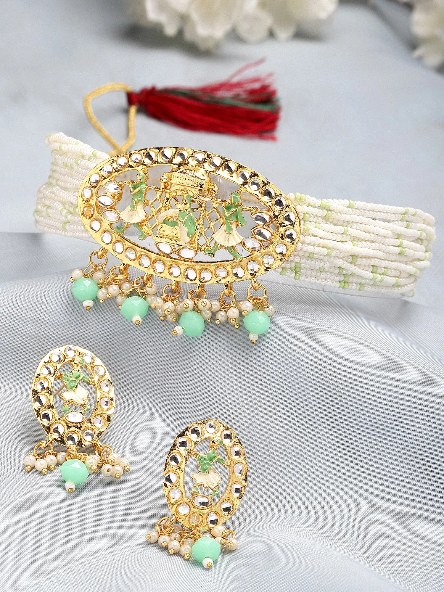 Karatcart Gold Plated Light Green Dulhan Doli Design Choker Necklace Set for Women
