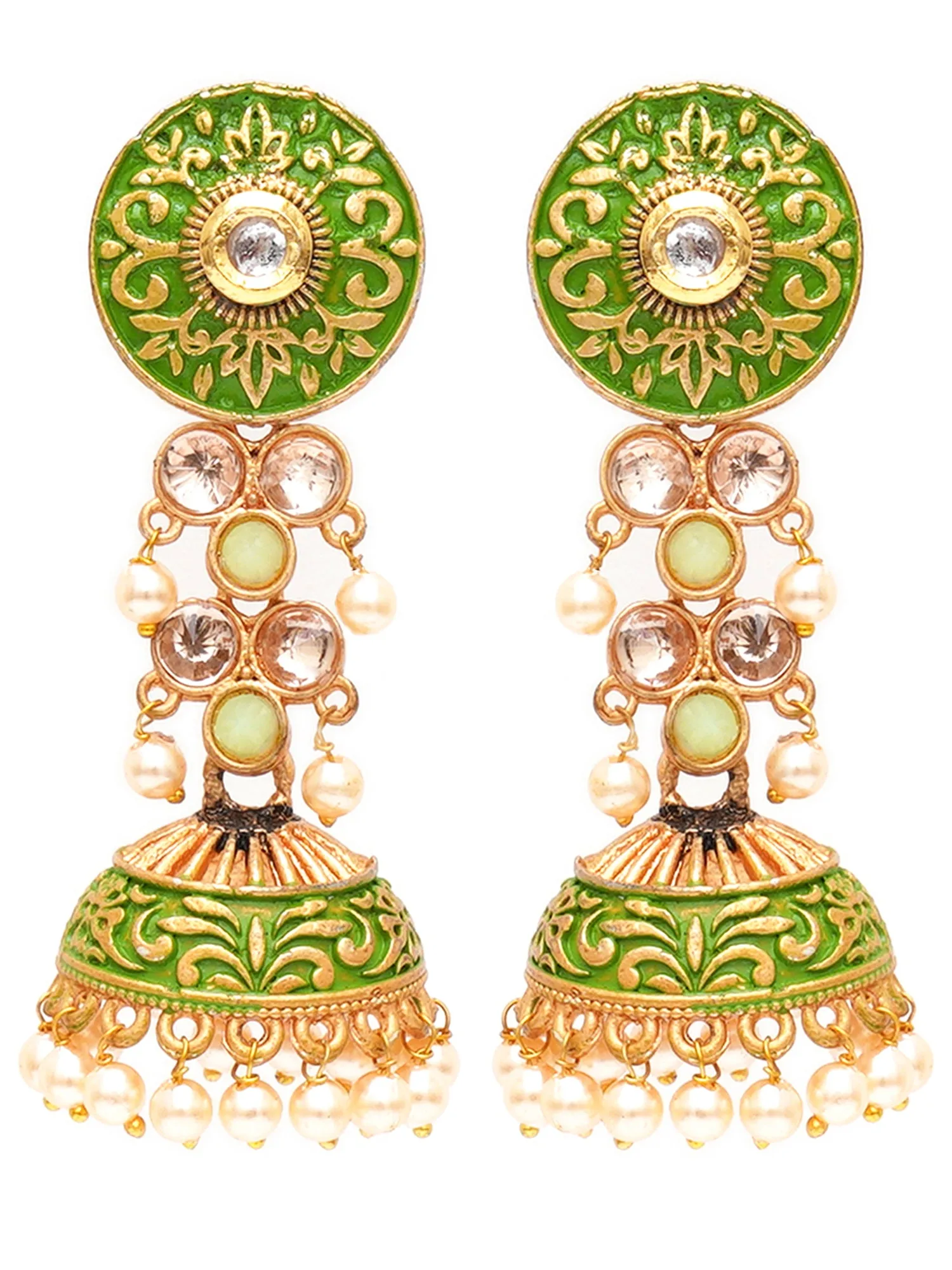 Karatcart Gold Plated Light Green Meena and Pearl Studded Jhumki Earrings for Women