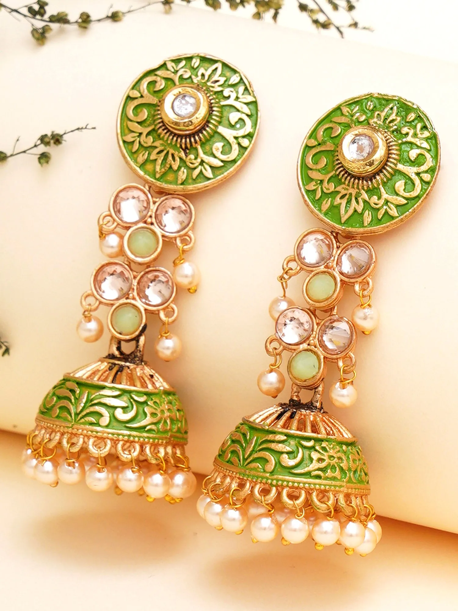 Karatcart Gold Plated Light Green Meena and Pearl Studded Jhumki Earrings for Women
