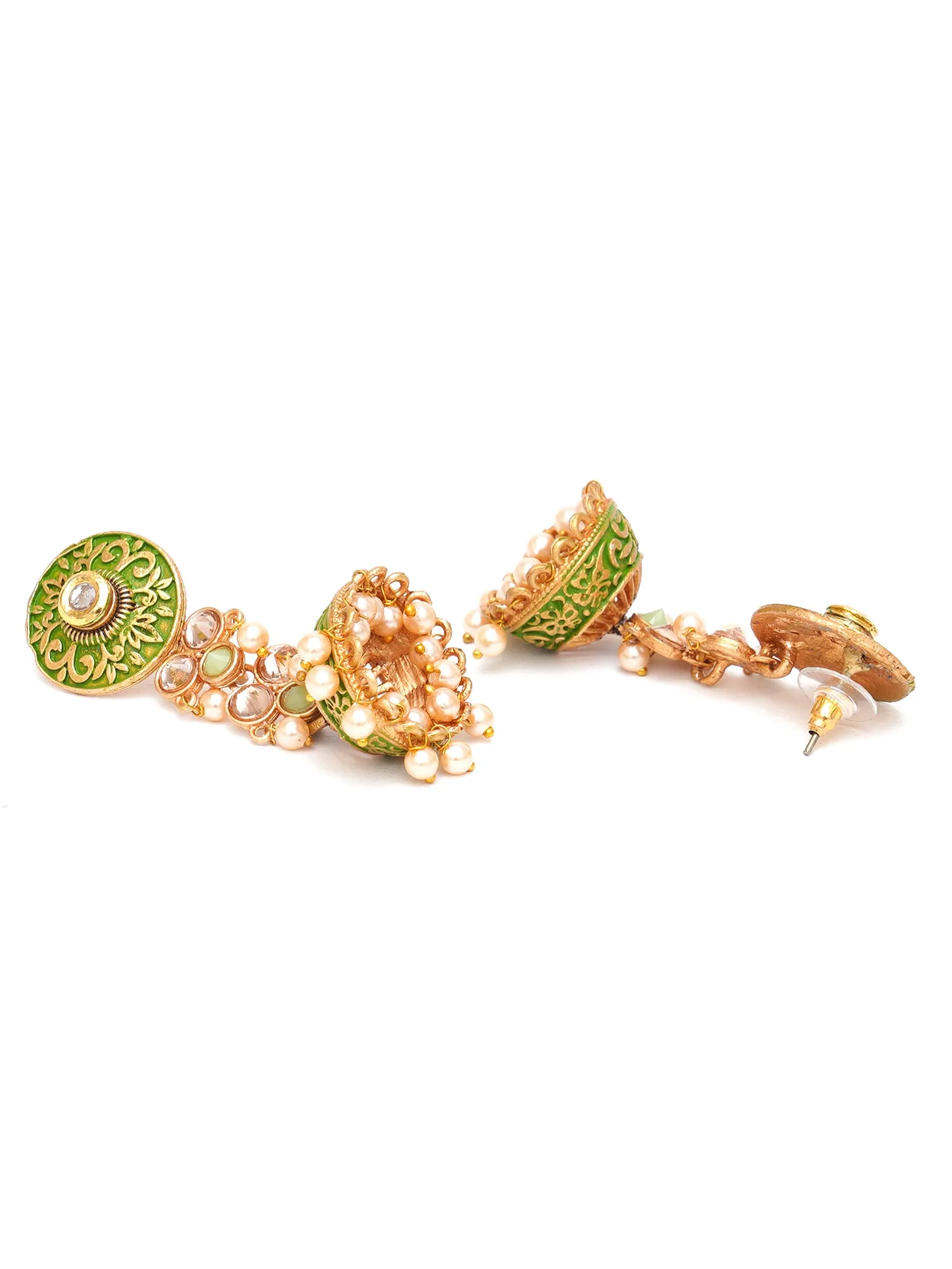 Karatcart Gold Plated Light Green Meena and Pearl Studded Jhumki Earrings for Women
