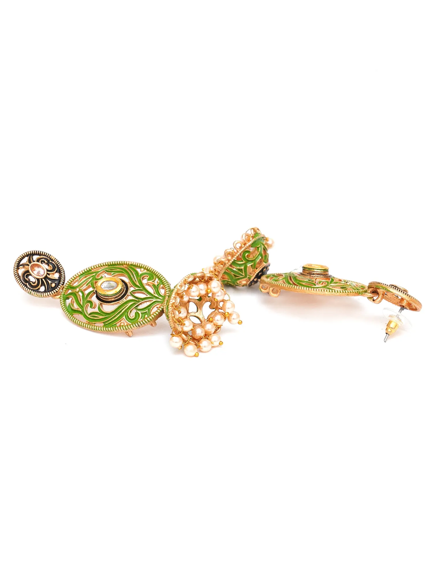 Karatcart Gold Plated Light Green Meena Dangler Jhumki Earrings for Women