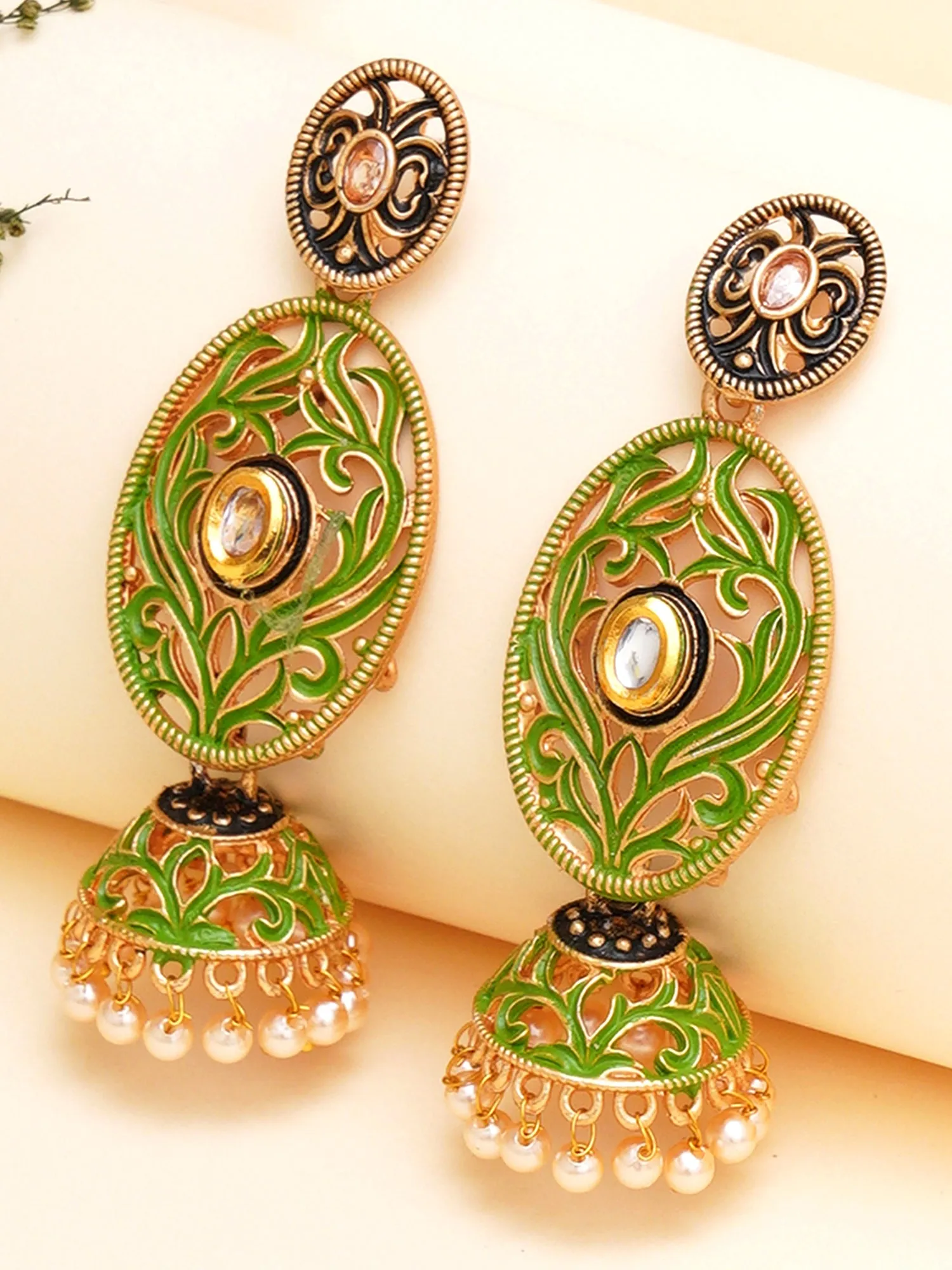 Karatcart Gold Plated Light Green Meena Dangler Jhumki Earrings for Women