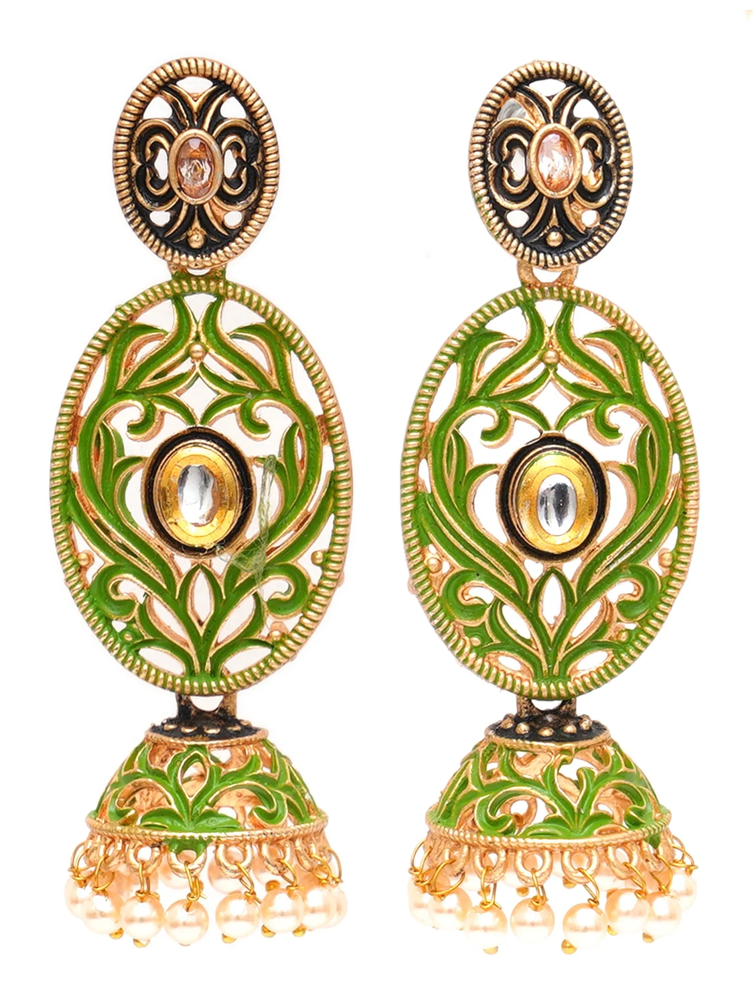 Karatcart Gold Plated Light Green Meena Dangler Jhumki Earrings for Women