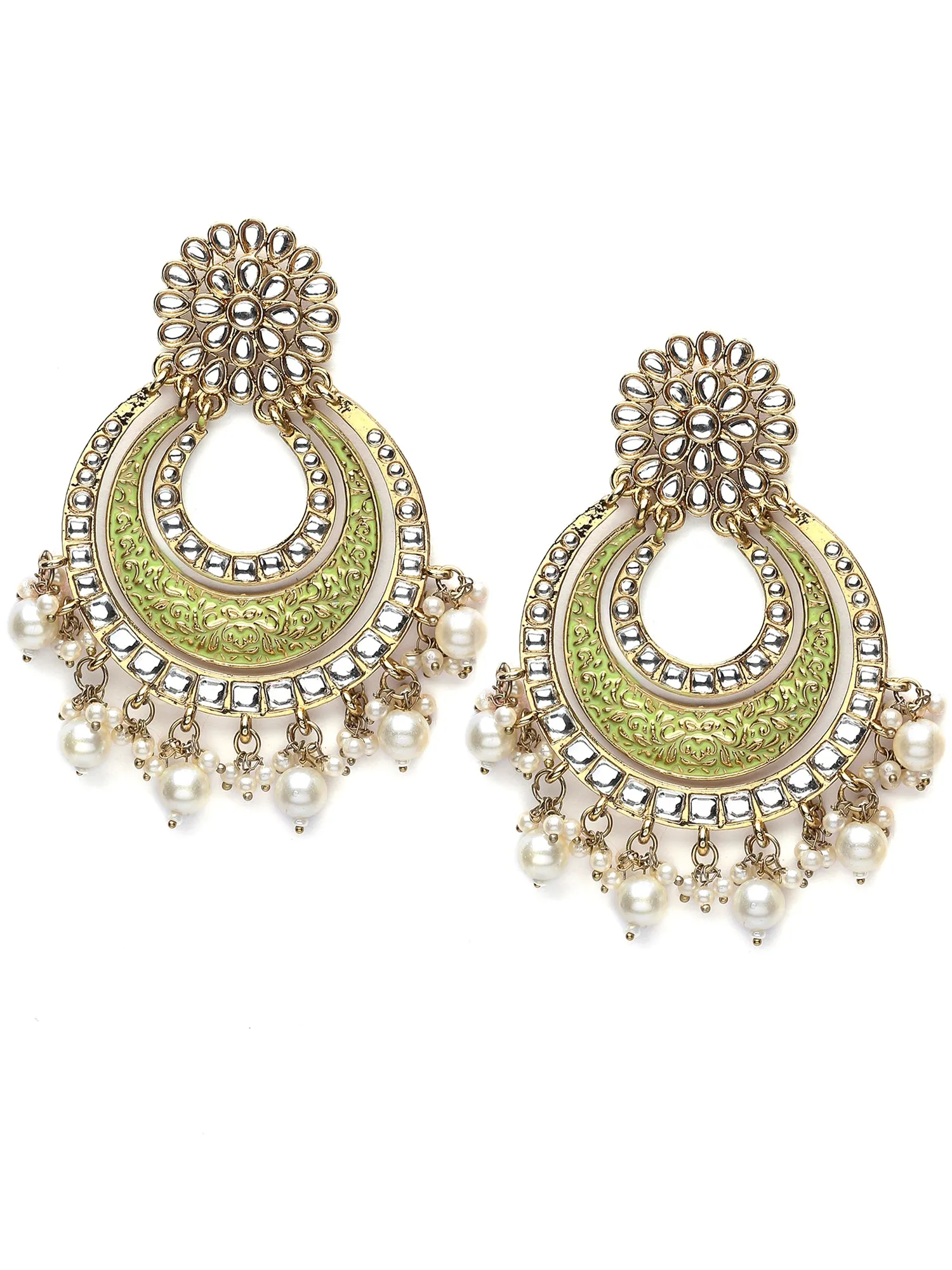 Karatcart Gold Plated Light Green Meena Kundan Chandbali Earrings for Women
