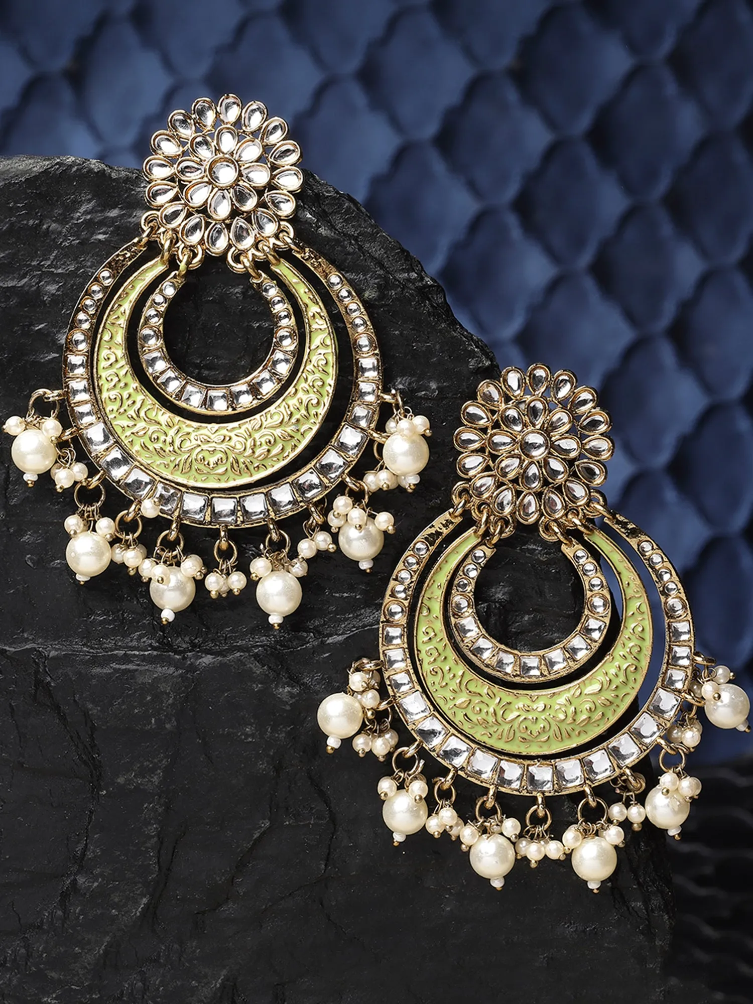 Karatcart Gold Plated Light Green Meena Kundan Chandbali Earrings for Women