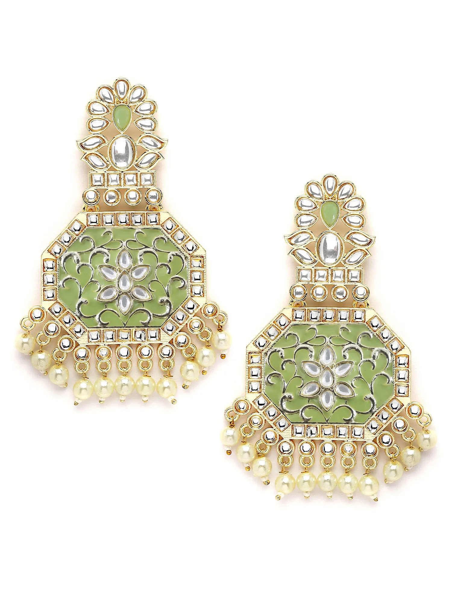 Karatcart Gold Plated Light Green Meena Kundan Dangler Earrings for Women