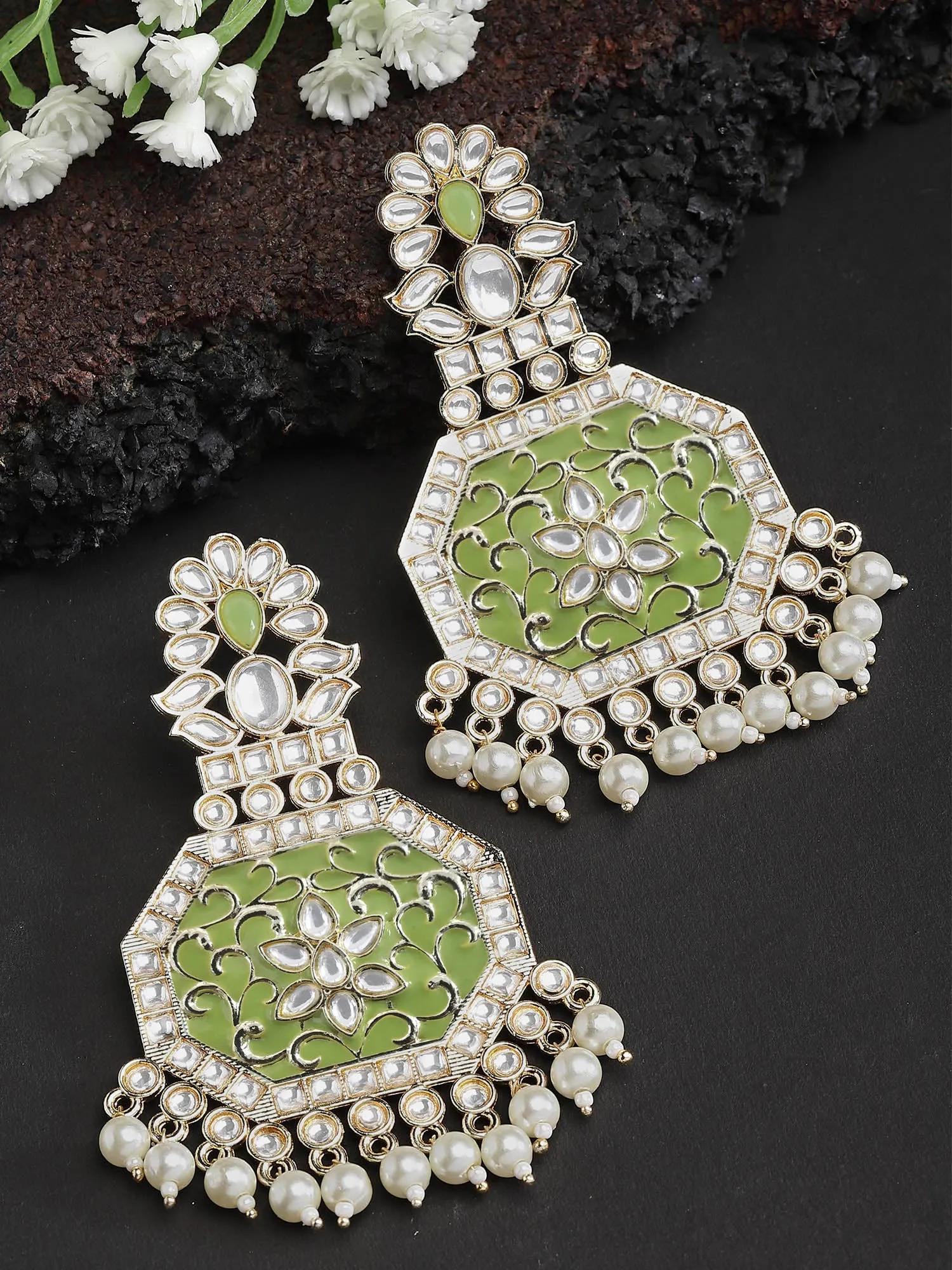 Karatcart Gold Plated Light Green Meena Kundan Dangler Earrings for Women