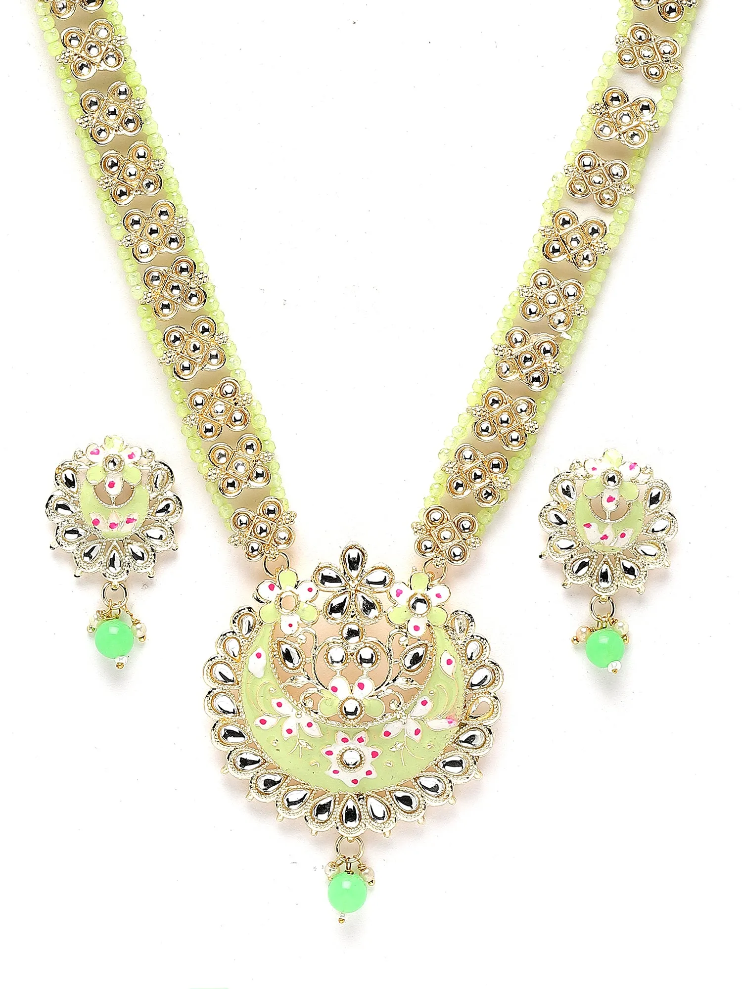Karatcart Gold Plated Light Green Meena Kundan Ranihaar Necklace Set for Women