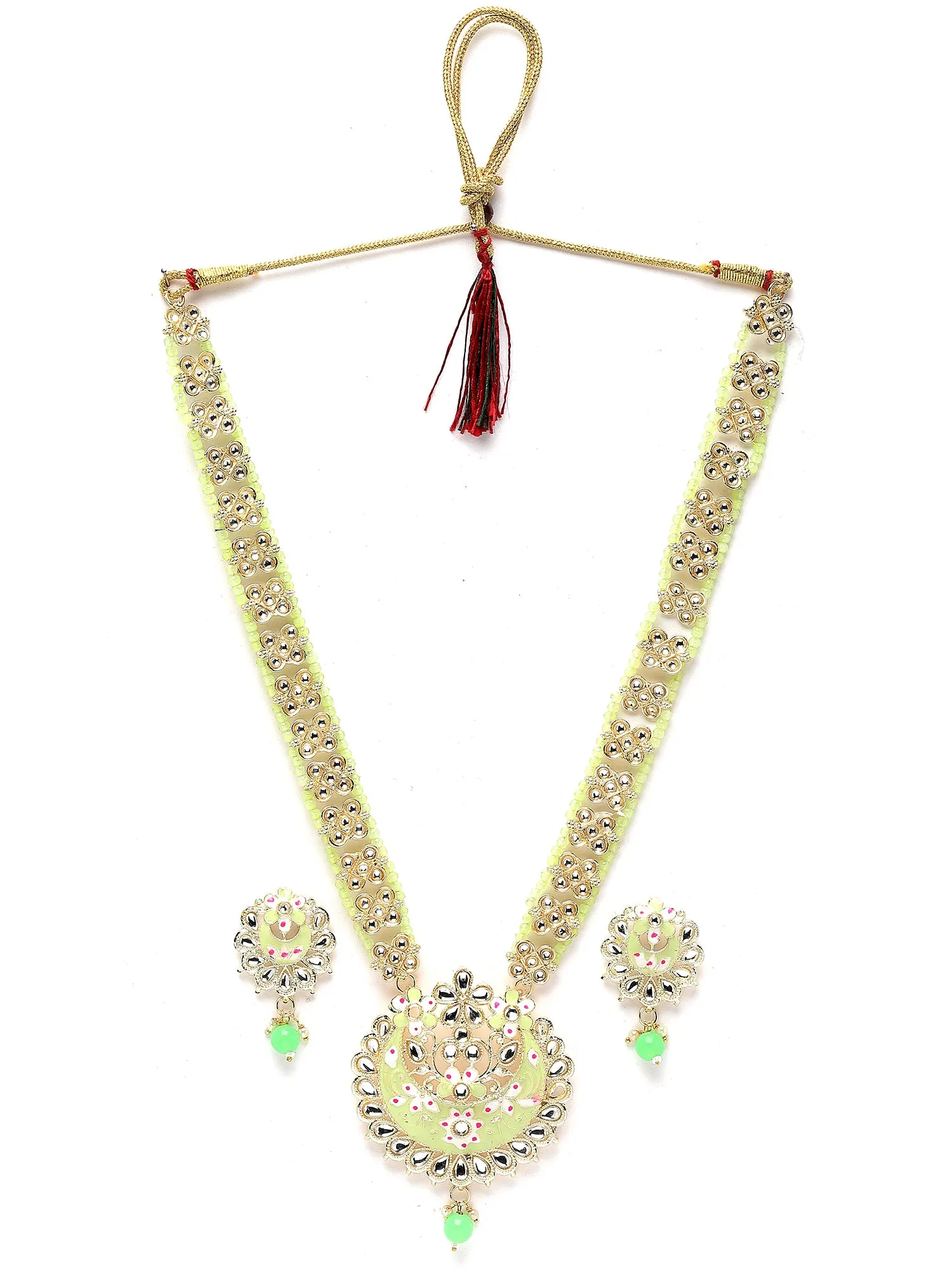 Karatcart Gold Plated Light Green Meena Kundan Ranihaar Necklace Set for Women