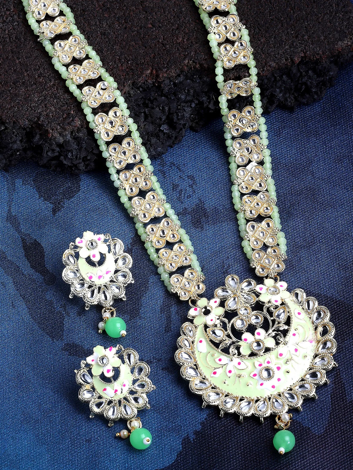 Karatcart Gold Plated Light Green Meena Kundan Ranihaar Necklace Set for Women