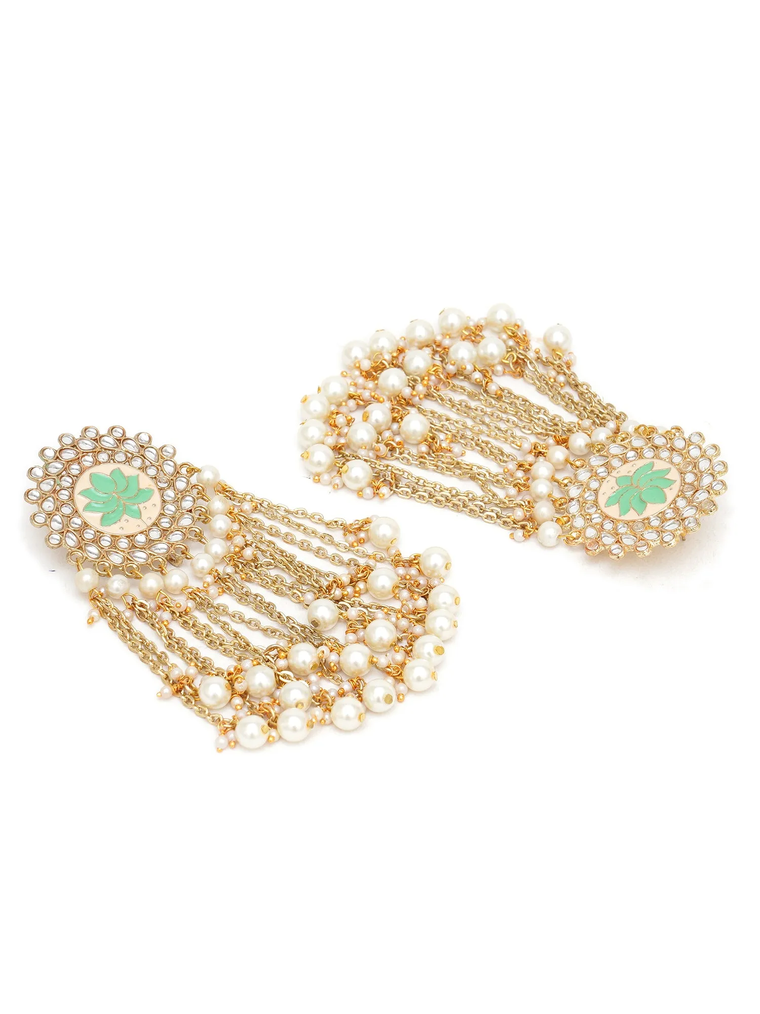 Karatcart Gold Plated Light Green Meena Pearl Beads Kundan Tassel Earrings for Women