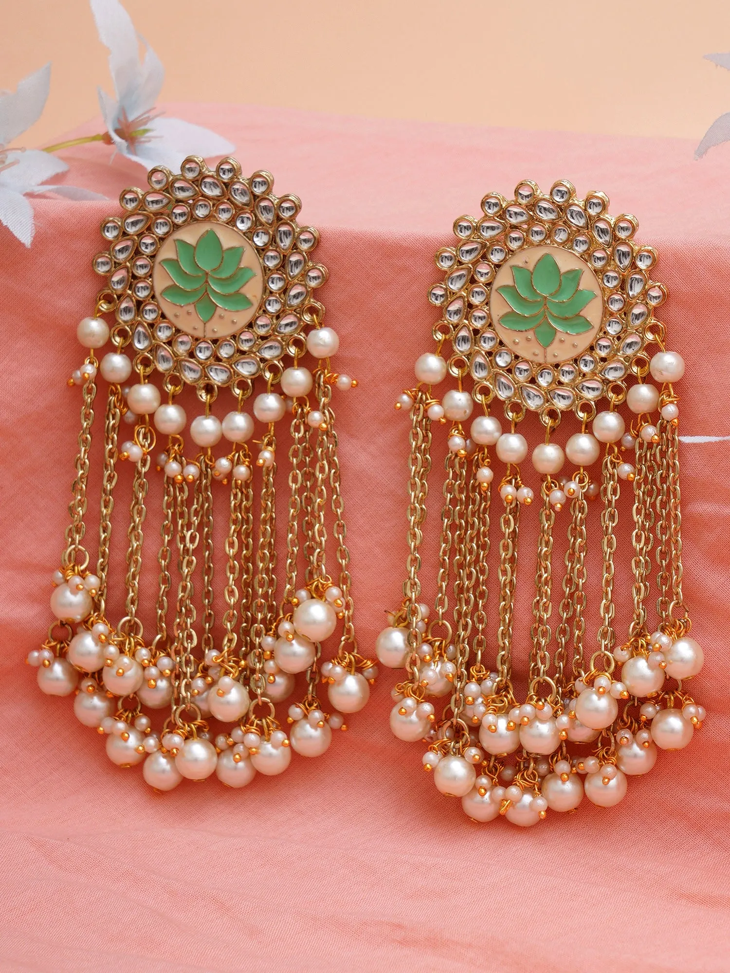 Karatcart Gold Plated Light Green Meena Pearl Beads Kundan Tassel Earrings for Women