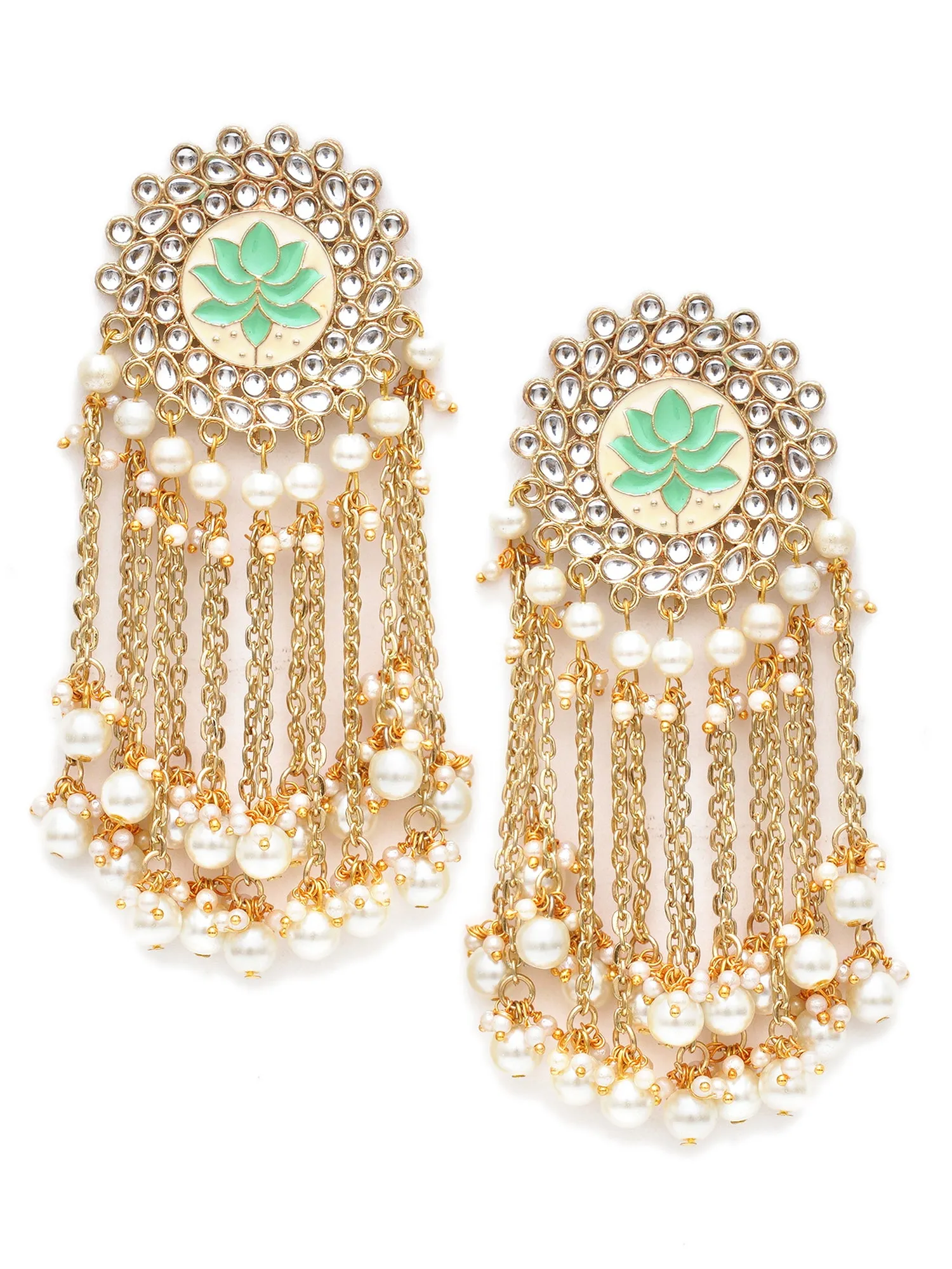 Karatcart Gold Plated Light Green Meena Pearl Beads Kundan Tassel Earrings for Women
