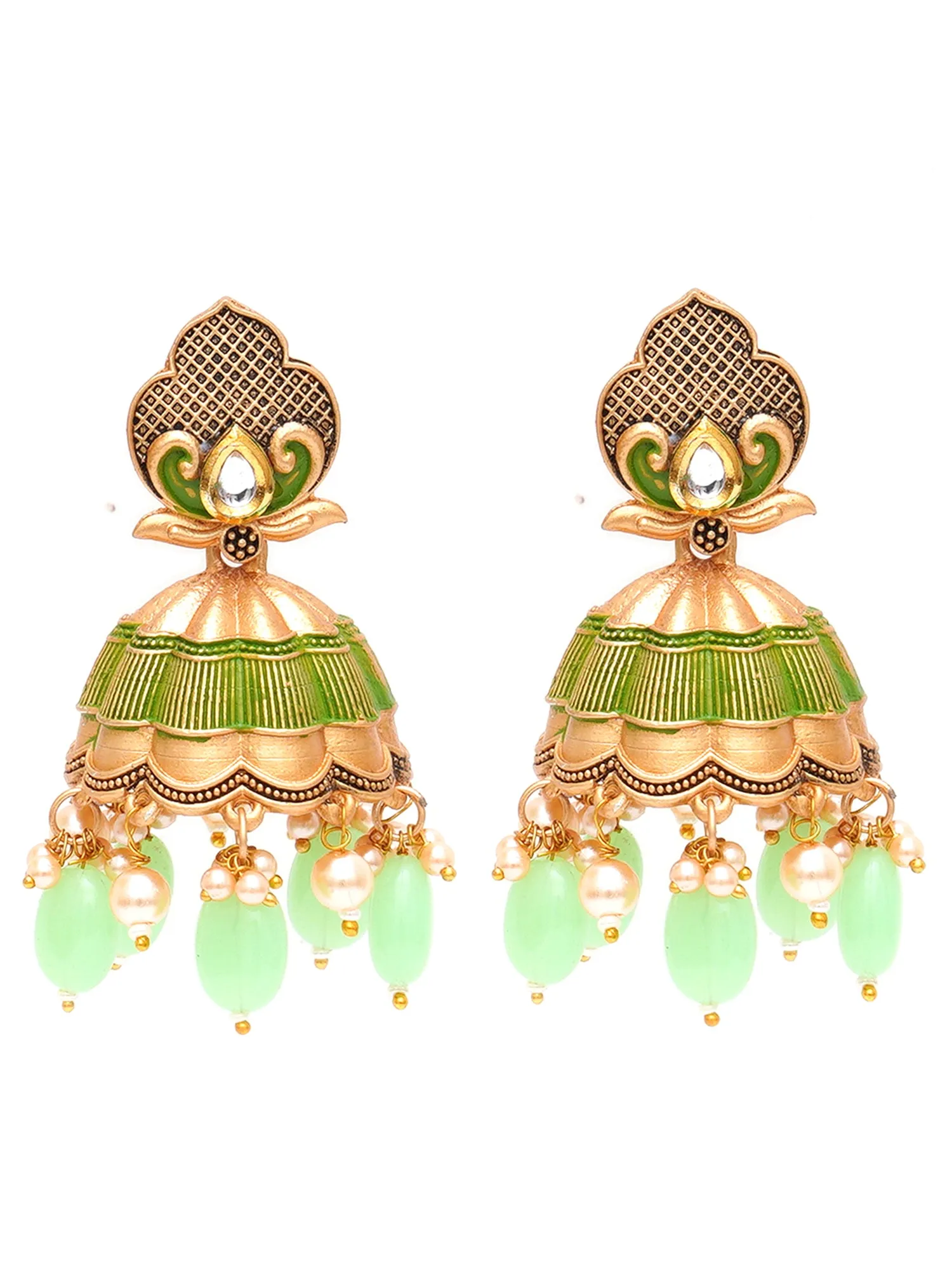 Karatcart Gold Plated Light Green Tumble and Golden Pearl Studded Jhumki Earrings for Women