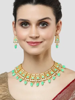 Karatcart Gold Plated Light Green Tumble and Kundan Studded Necklace Set