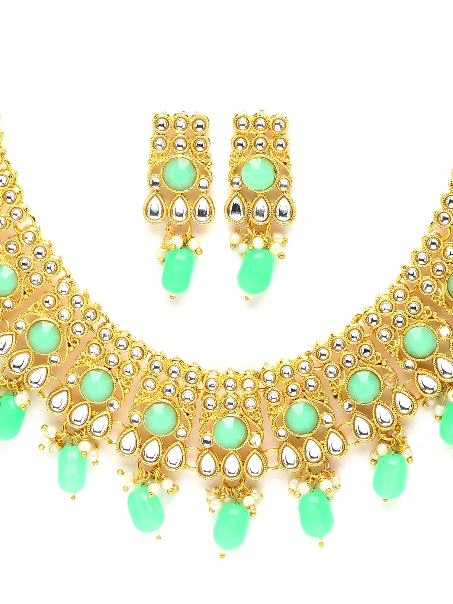 Karatcart Gold Plated Light Green Tumble and Kundan Studded Necklace Set