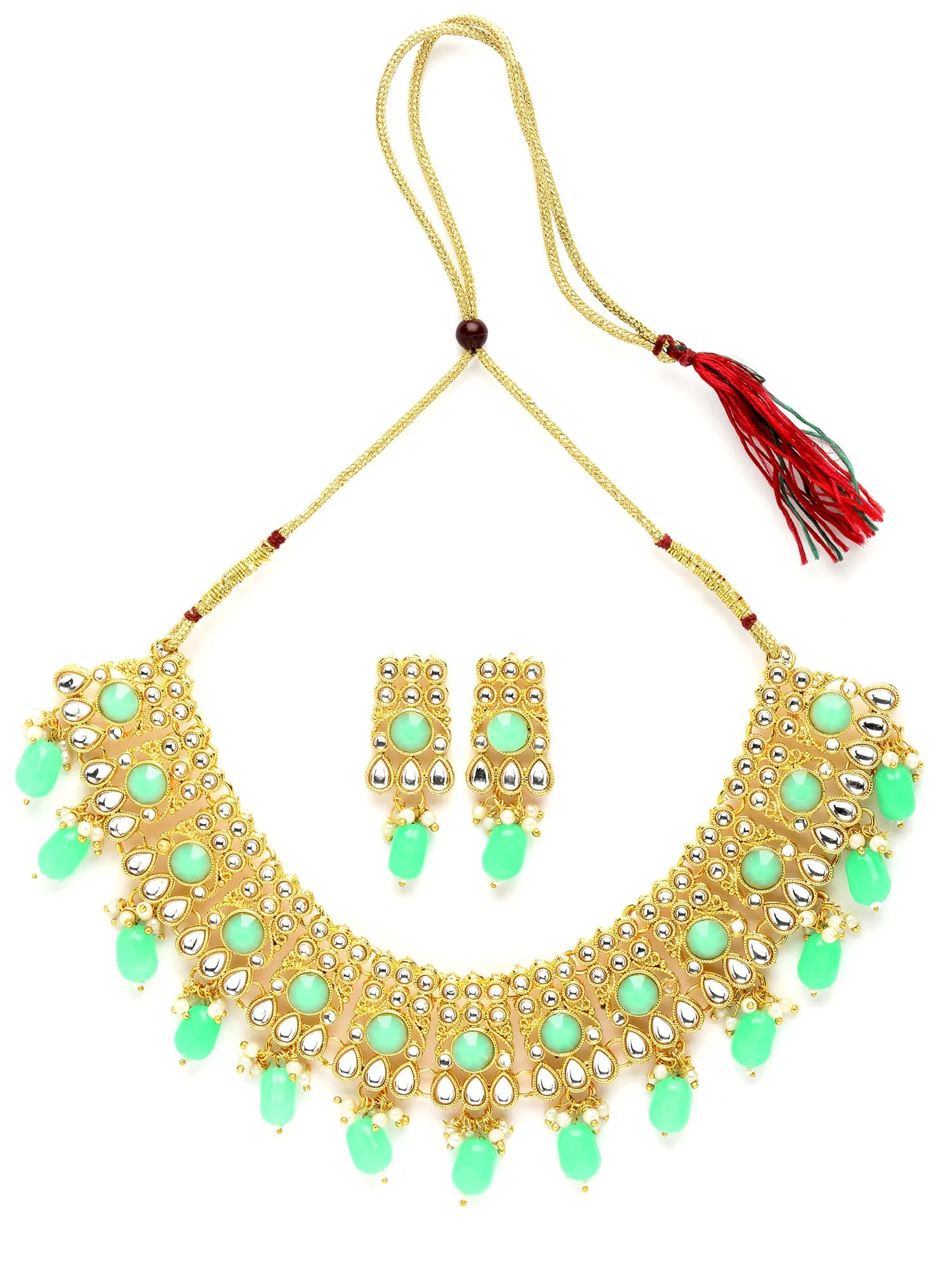 Karatcart Gold Plated Light Green Tumble and Kundan Studded Necklace Set