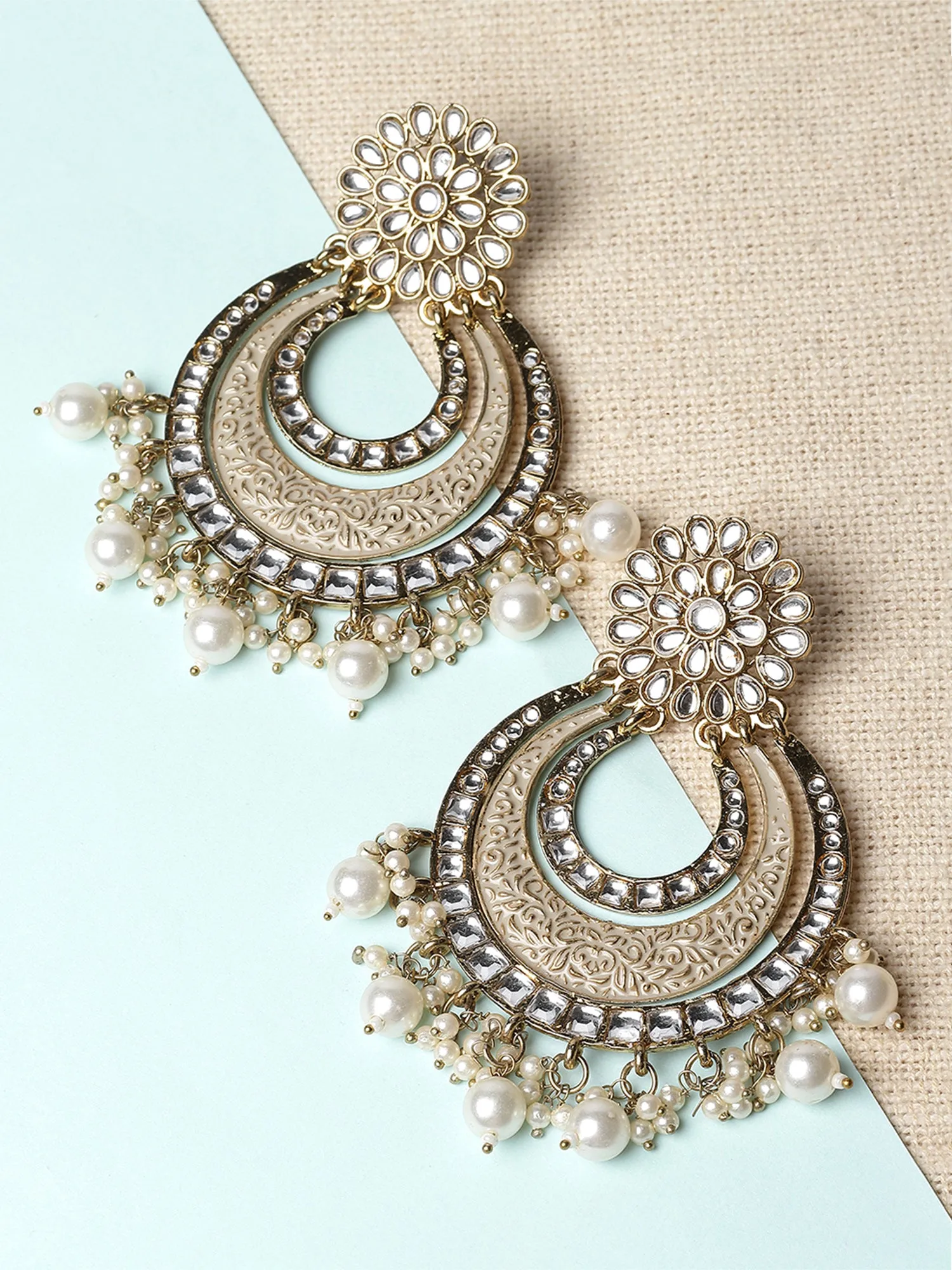Karatcart Gold Plated Light Grey Meena Kundan Chandbali Earrings for Women