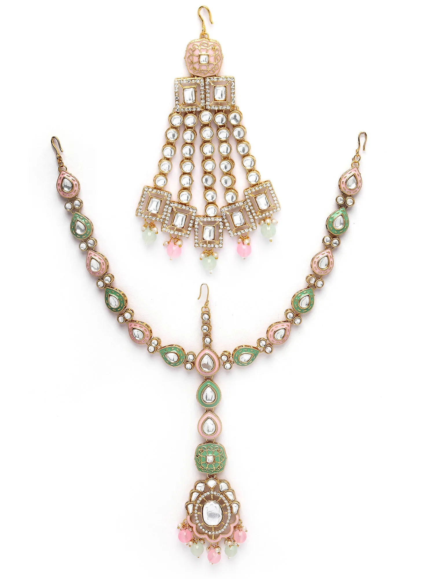 Karatcart Gold Plated Lime Green and Pink Enamel Traditional Kundan Dulhan Bridal Jewellery Set