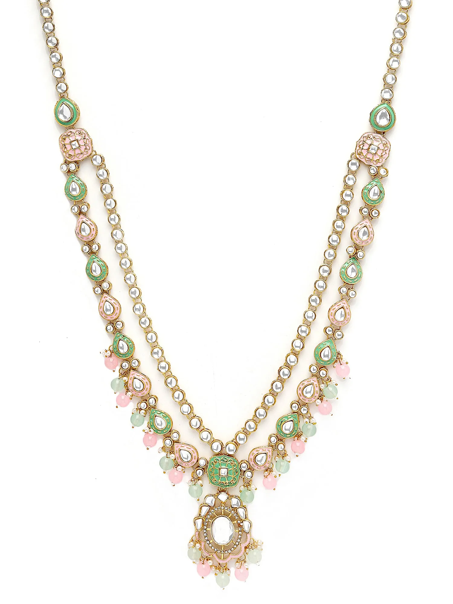 Karatcart Gold Plated Lime Green and Pink Enamel Traditional Kundan Dulhan Bridal Jewellery Set