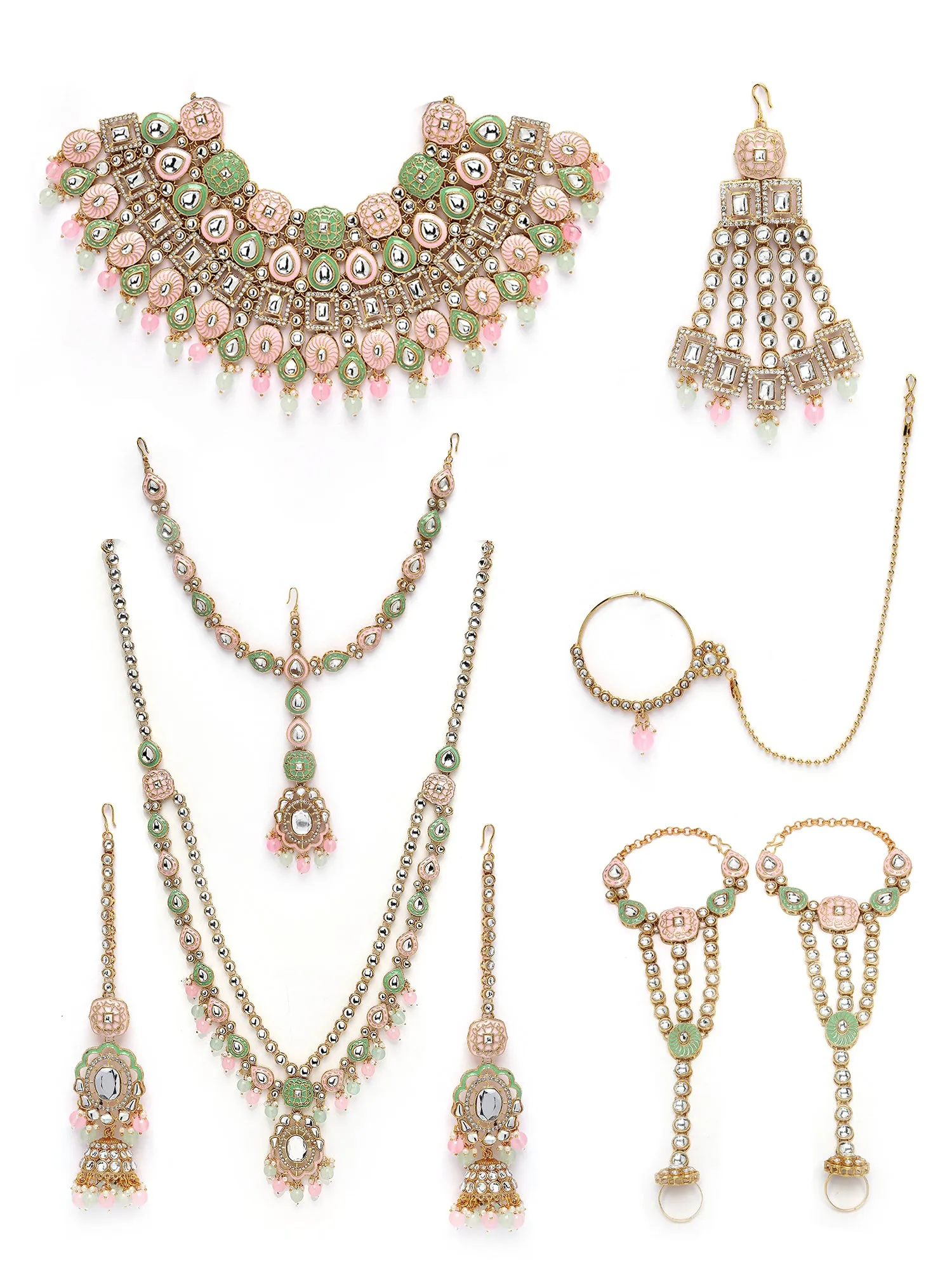 Karatcart Gold Plated Lime Green and Pink Enamel Traditional Kundan Dulhan Bridal Jewellery Set