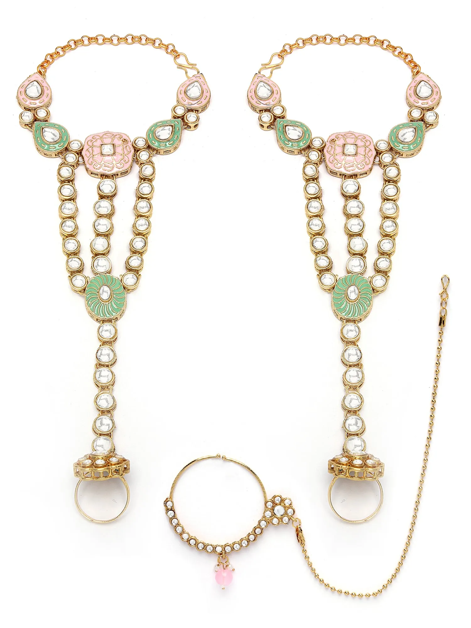 Karatcart Gold Plated Lime Green and Pink Enamel Traditional Kundan Dulhan Bridal Jewellery Set