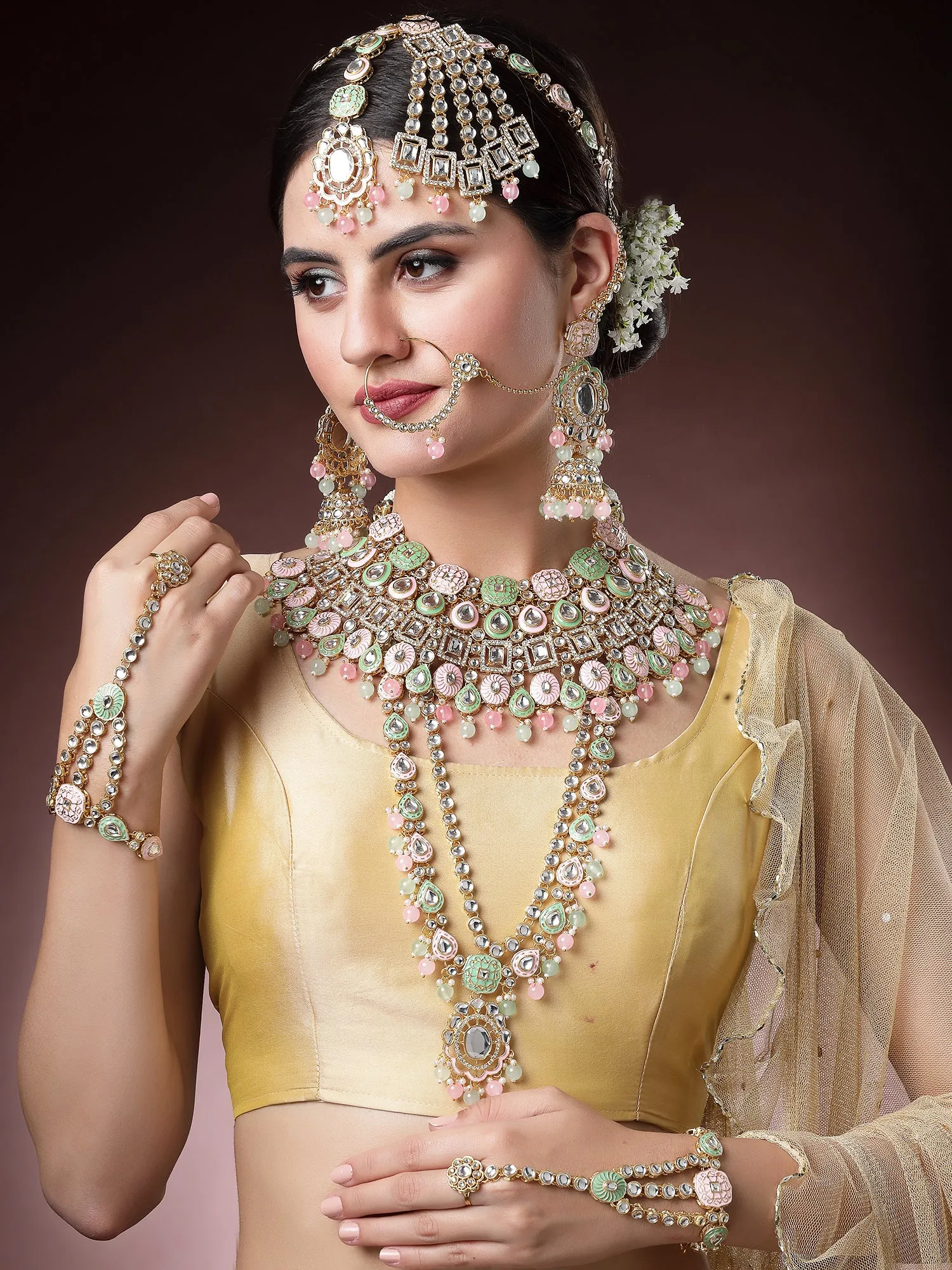 Karatcart Gold Plated Lime Green and Pink Enamel Traditional Kundan Dulhan Bridal Jewellery Set