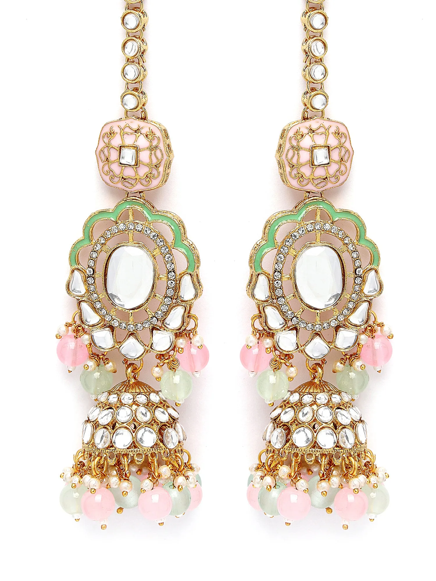 Karatcart Gold Plated Lime Green and Pink Enamel Traditional Kundan Dulhan Bridal Jewellery Set