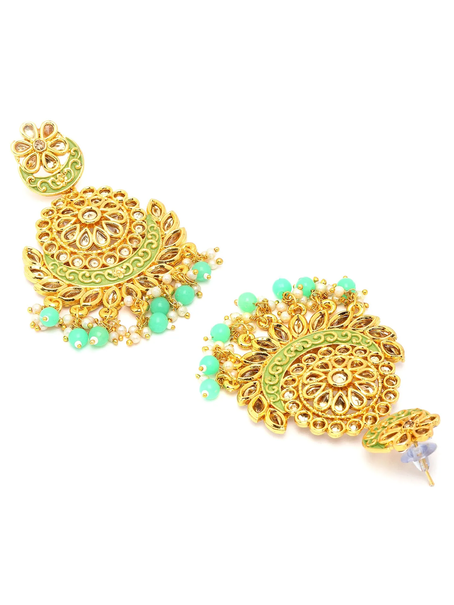 Karatcart Gold Plated Lime Green Beads Kundan Studded Dangler Earrings for Women