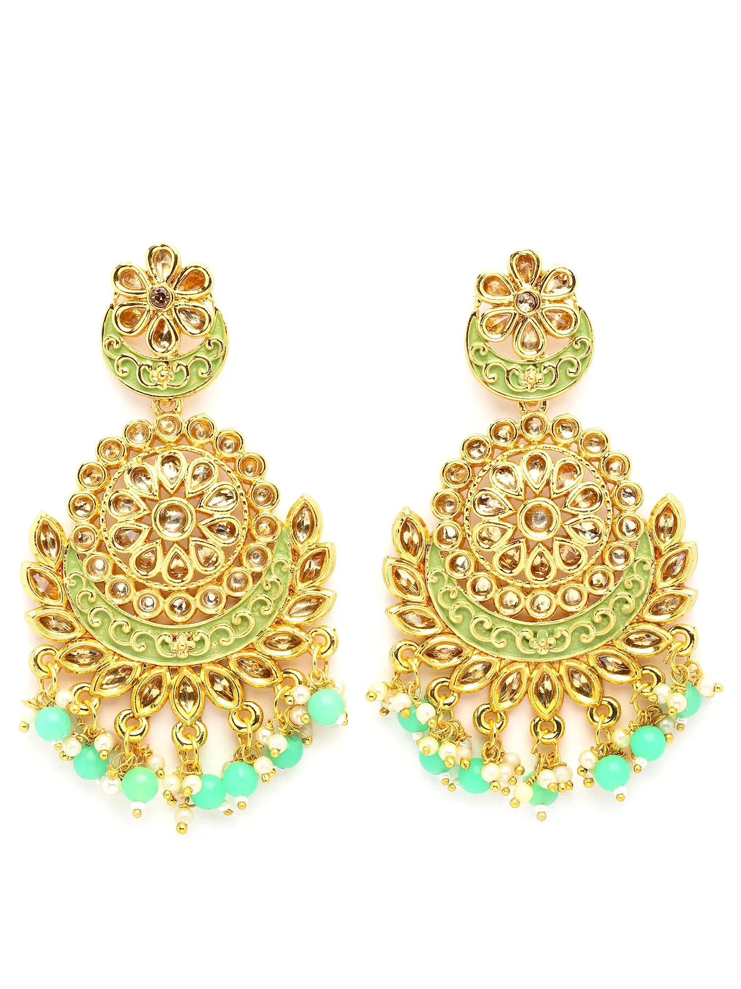 Karatcart Gold Plated Lime Green Beads Kundan Studded Dangler Earrings for Women