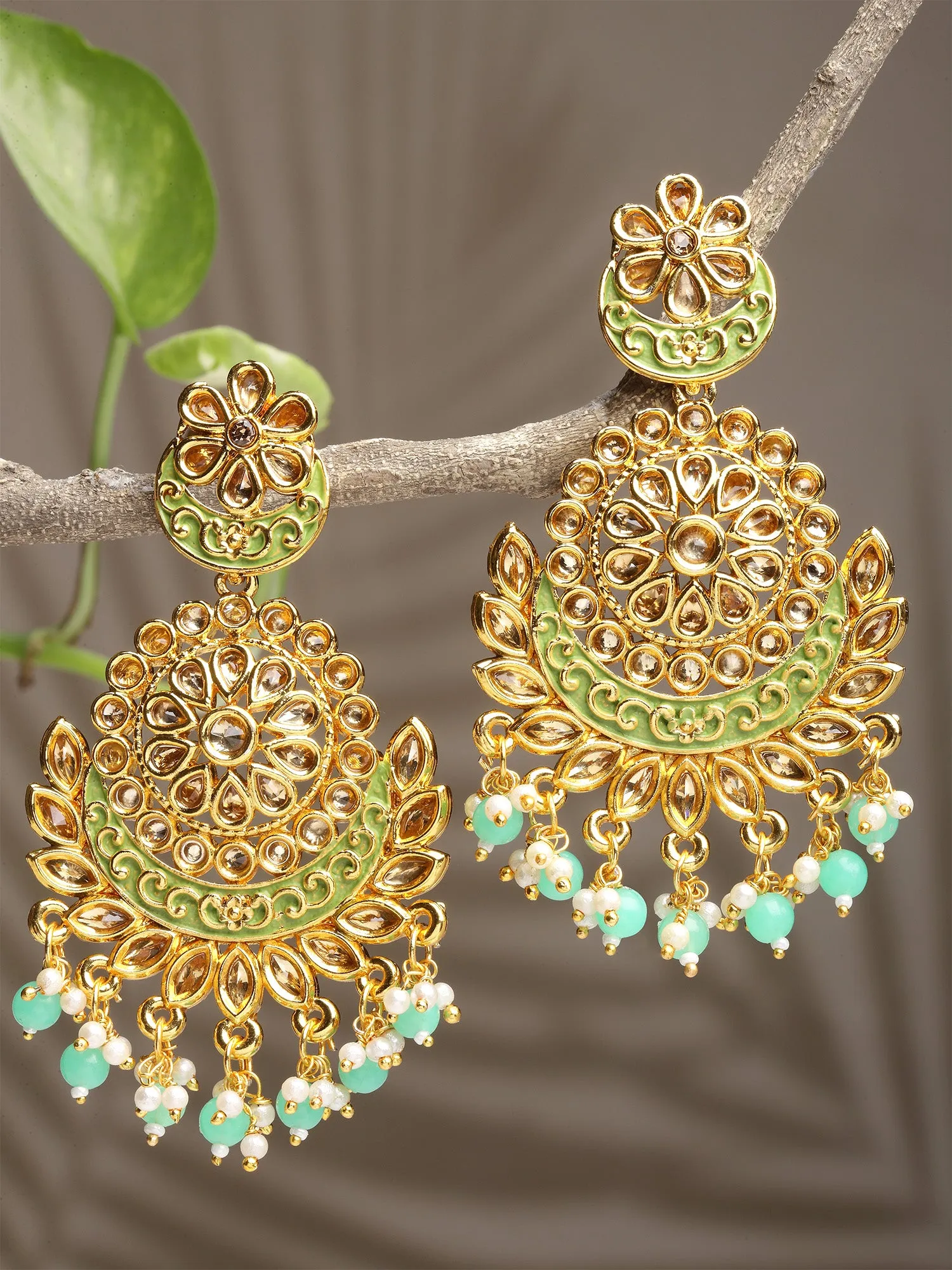 Karatcart Gold Plated Lime Green Beads Kundan Studded Dangler Earrings for Women