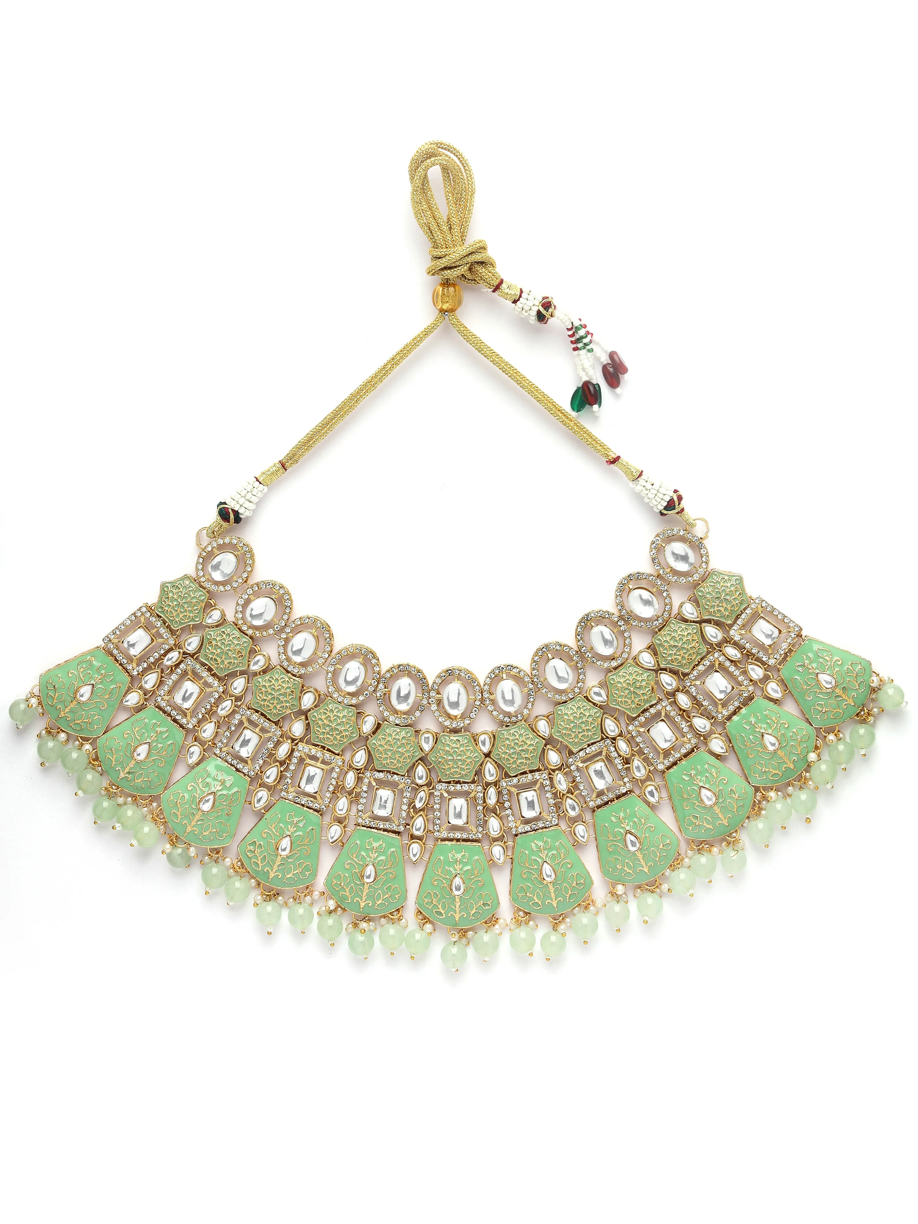 Karatcart Gold Plated Lime Green Enamel Ethnic Indian Traditional Kundan Dulhan Bridal Jewellery Set