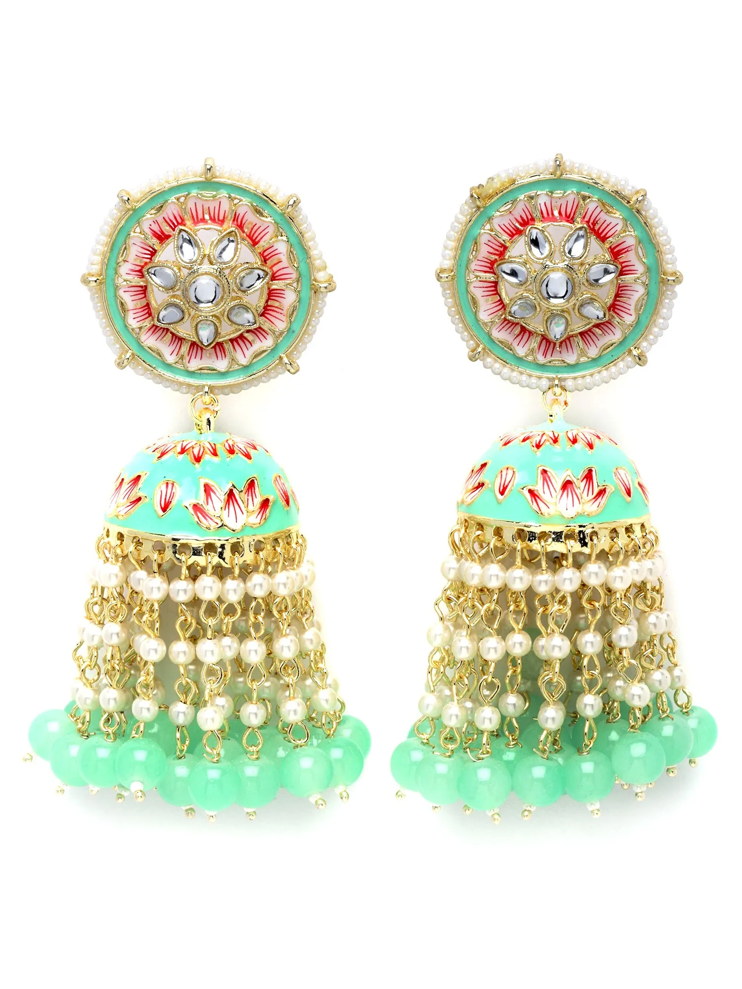 Karatcart Gold Plated Lime Green Meena and Pearl Studded Floral Kundan Jhumki Earrings for Women