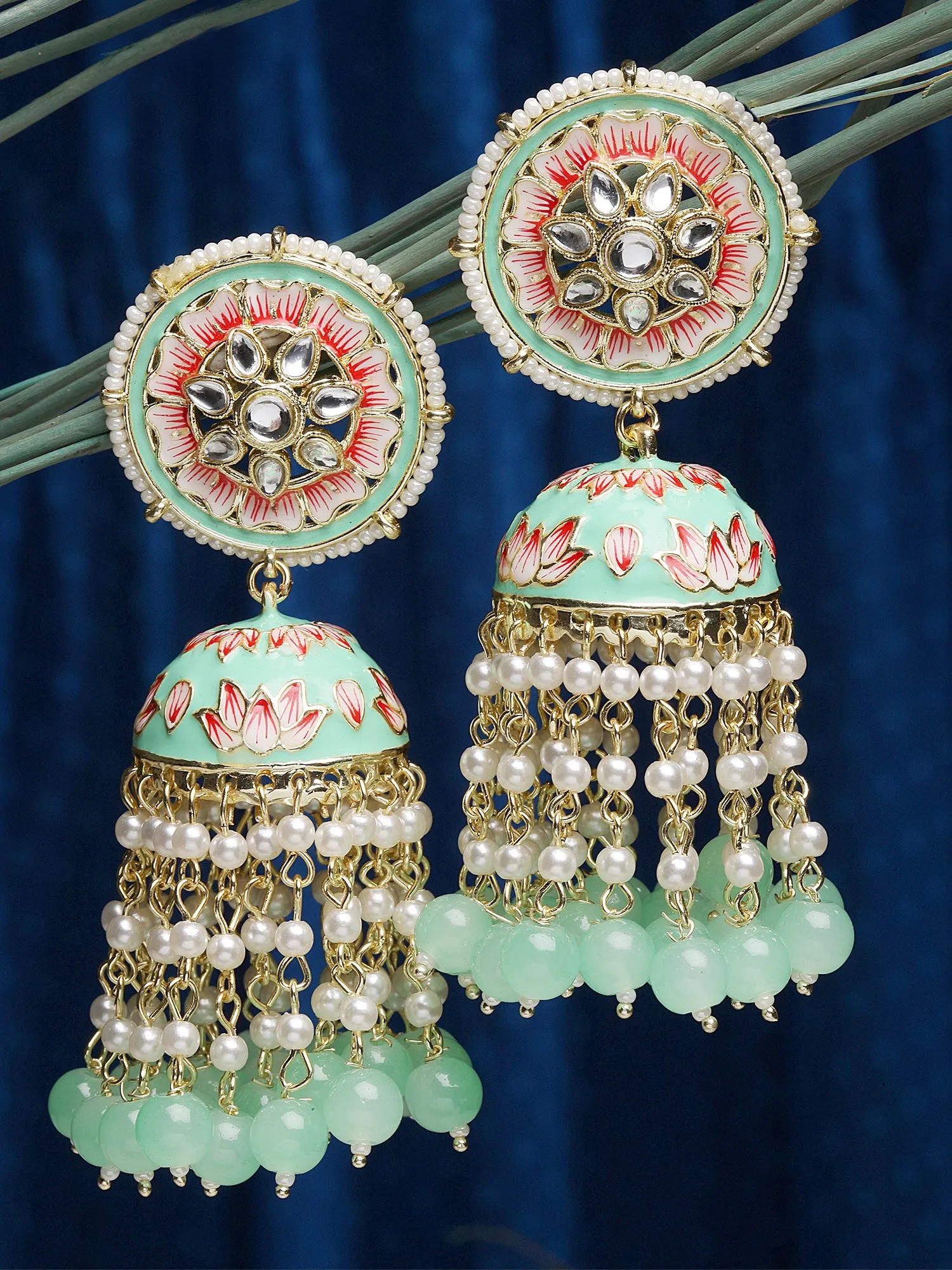 Karatcart Gold Plated Lime Green Meena and Pearl Studded Floral Kundan Jhumki Earrings for Women